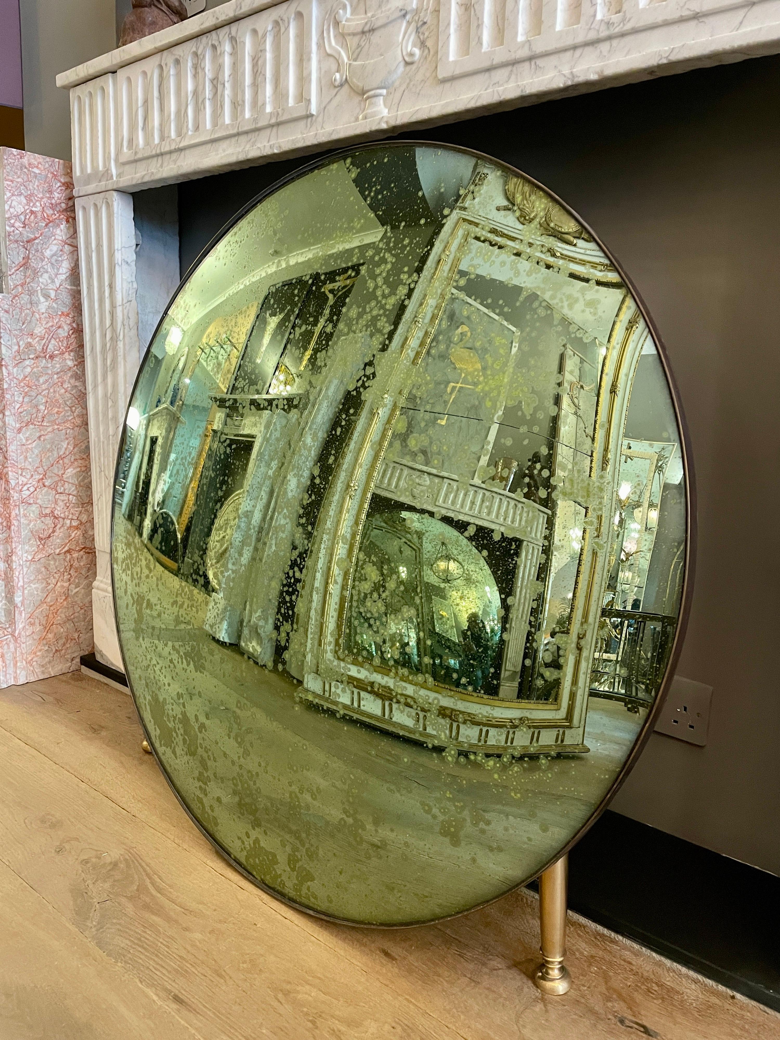 Modern Distressed Green Convex Mirror For Sale