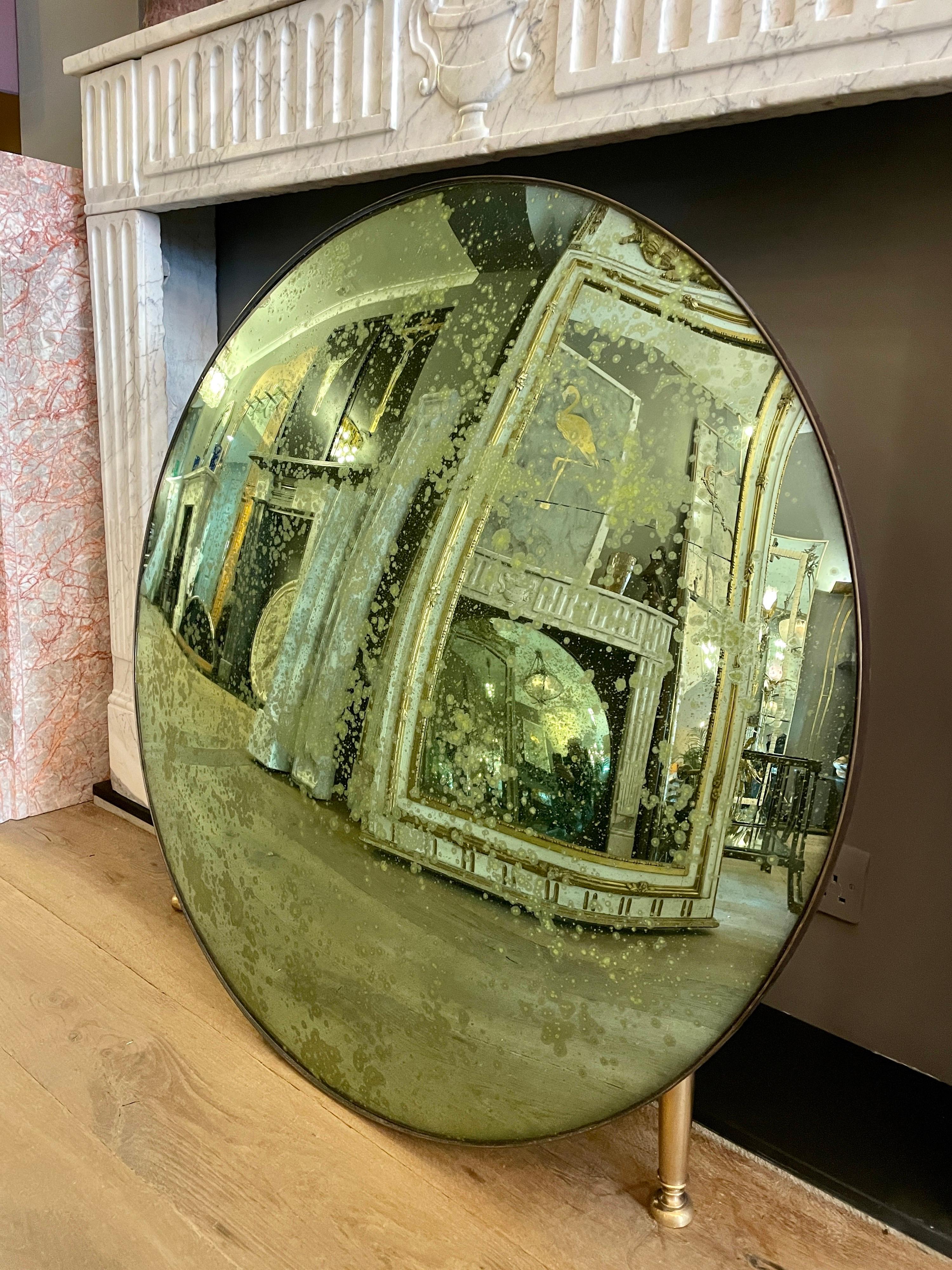 English Distressed Green Convex Mirror For Sale
