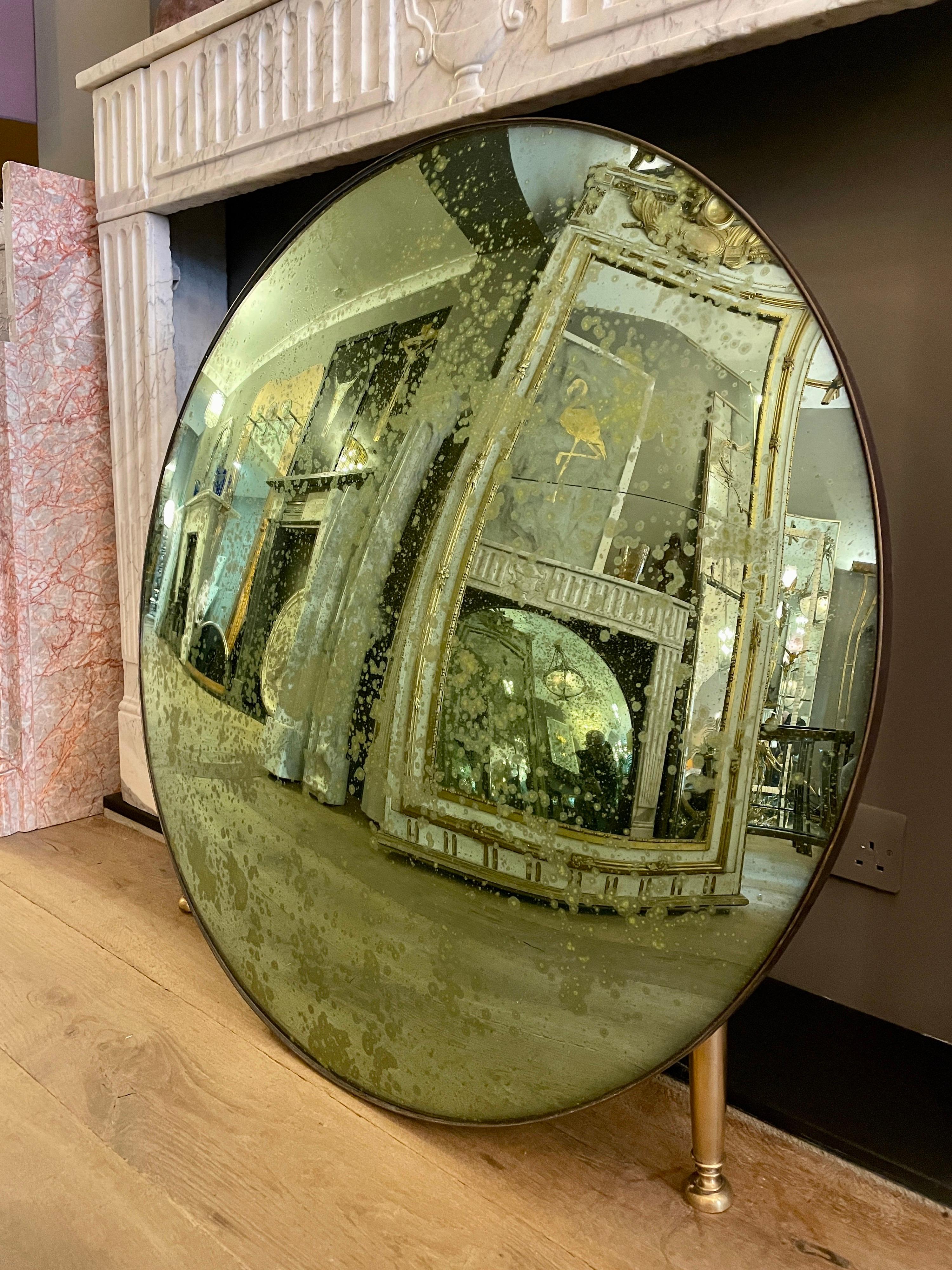 Contemporary Distressed Green Convex Mirror For Sale