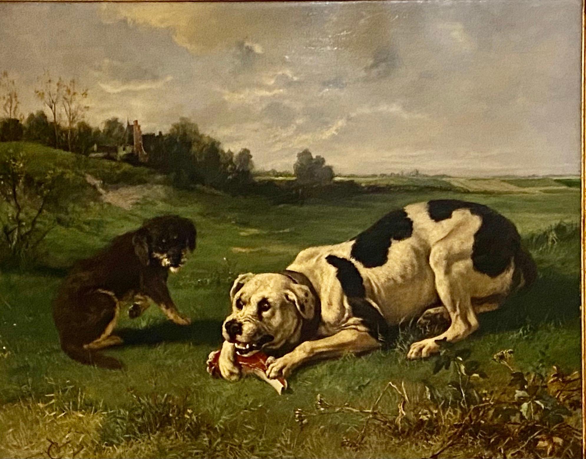 A very nice large painting of a Harlequin Dane and a Black Tan
Michel Marie Charles Verlat (25 November 1824 – 23 October 1890) was a Belgian painter from Antwerp.
He was a pupil of Nicaise de Keyser, and studied at the Antwerp Academy.[1]
In