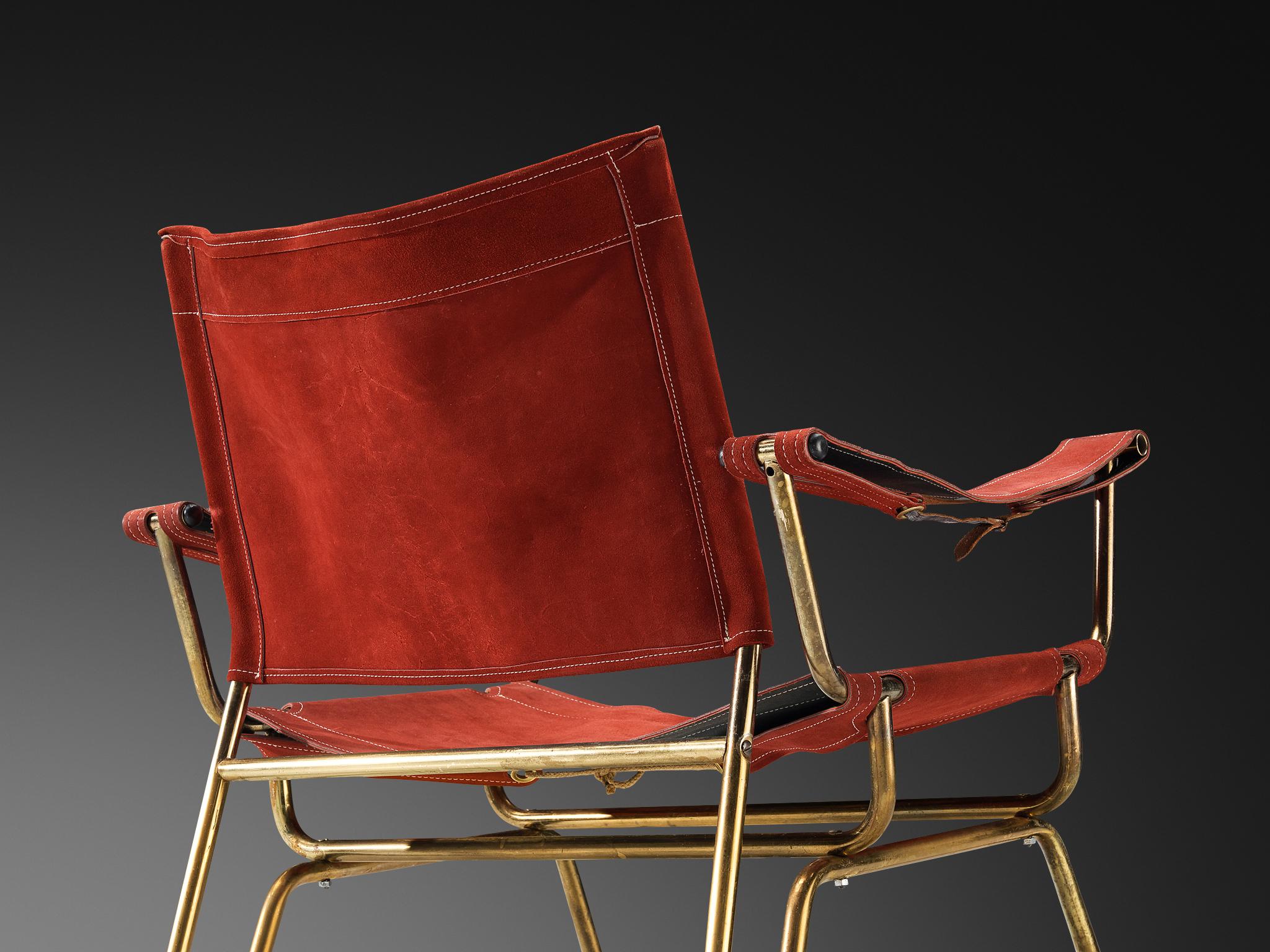 Mid-Century Modern A. Dolleman for Metz & Co Armchair in Suede and Brass For Sale