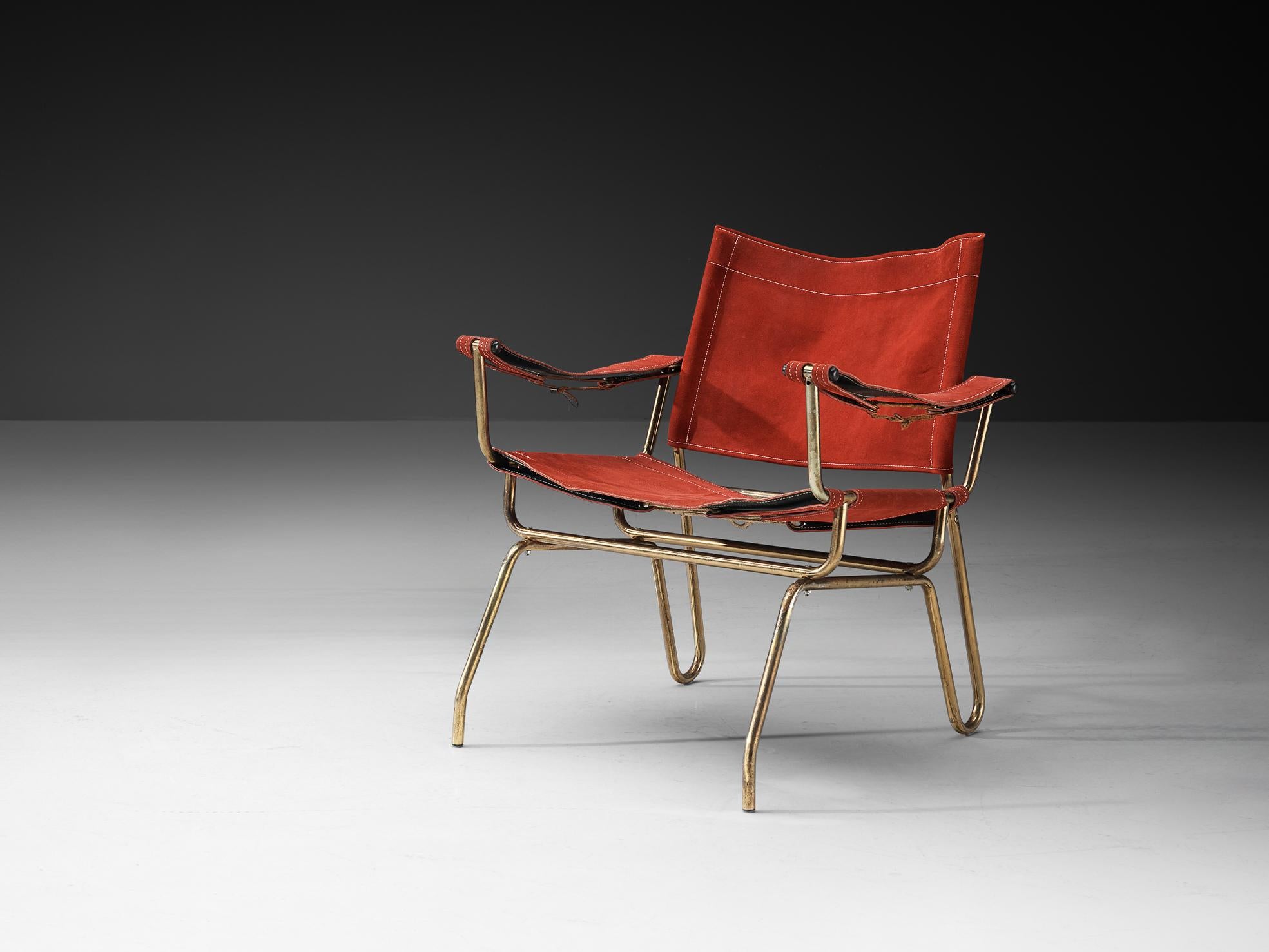 Dutch A. Dolleman for Metz & Co Armchair in Suede and Brass For Sale