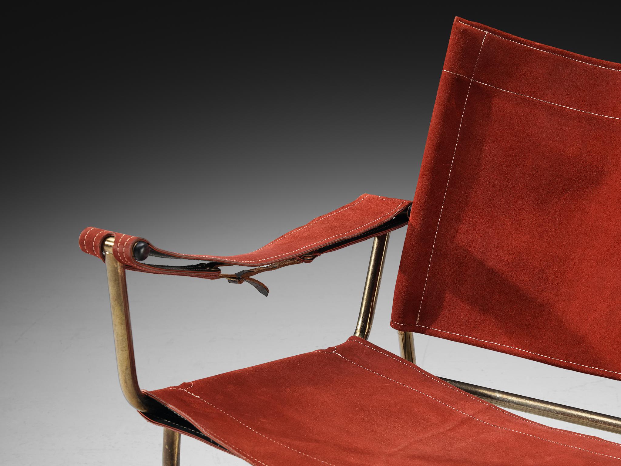 A. Dolleman for Metz & Co Armchair in Suede and Brass In Good Condition For Sale In Waalwijk, NL
