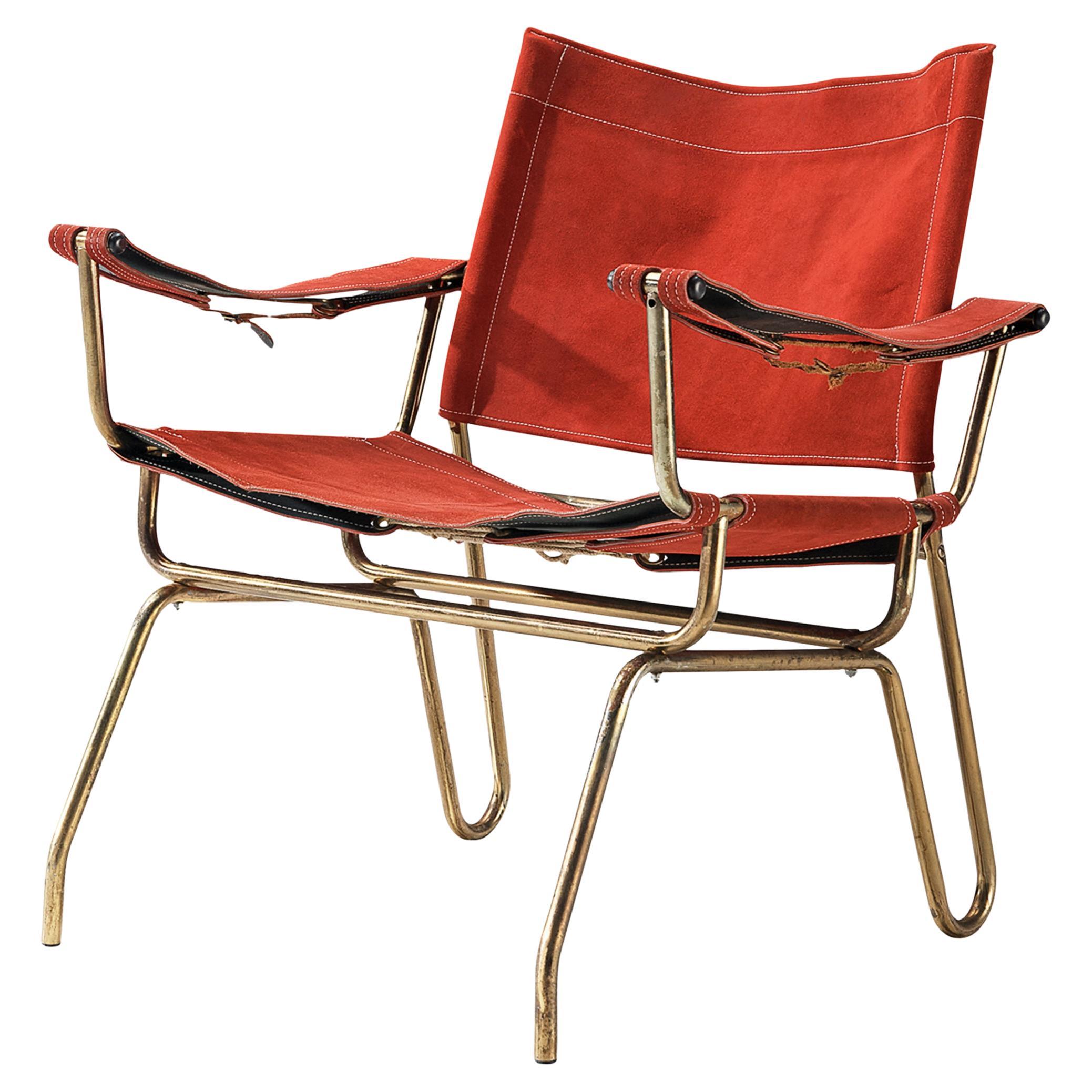 A. Dolleman for Metz & Co Armchair in Suede and Brass For Sale