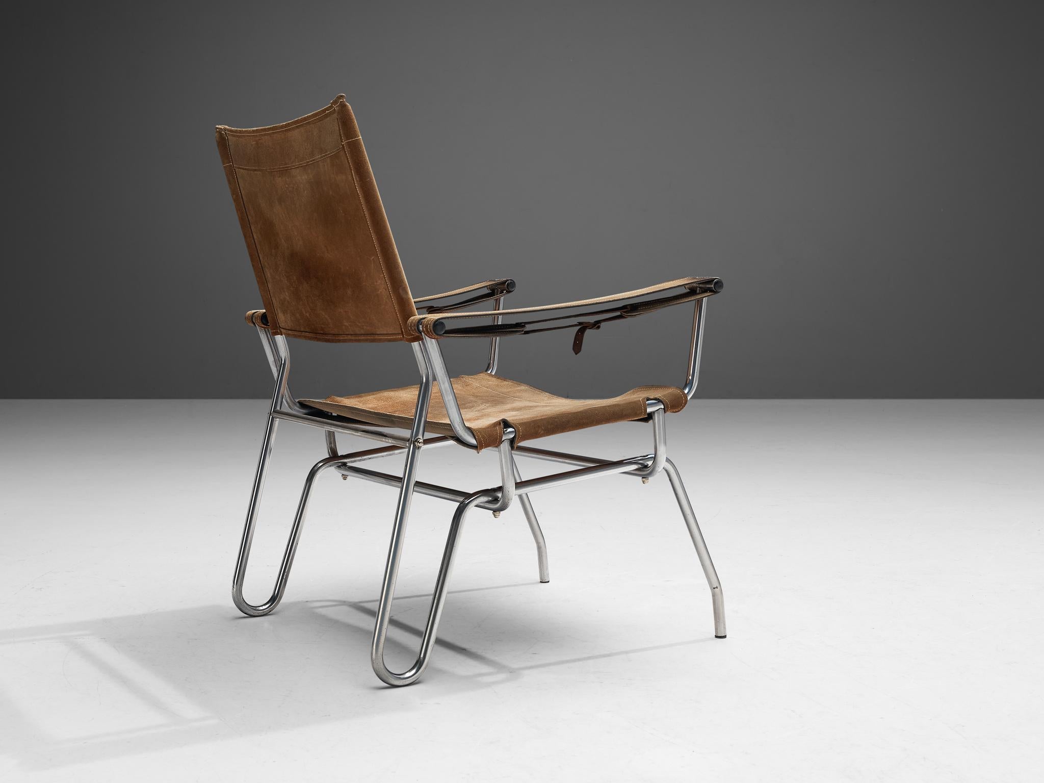 Mid-Century Modern A. Dolleman for Metz & Co Armchair in Suede with Tubular Metal Frame For Sale