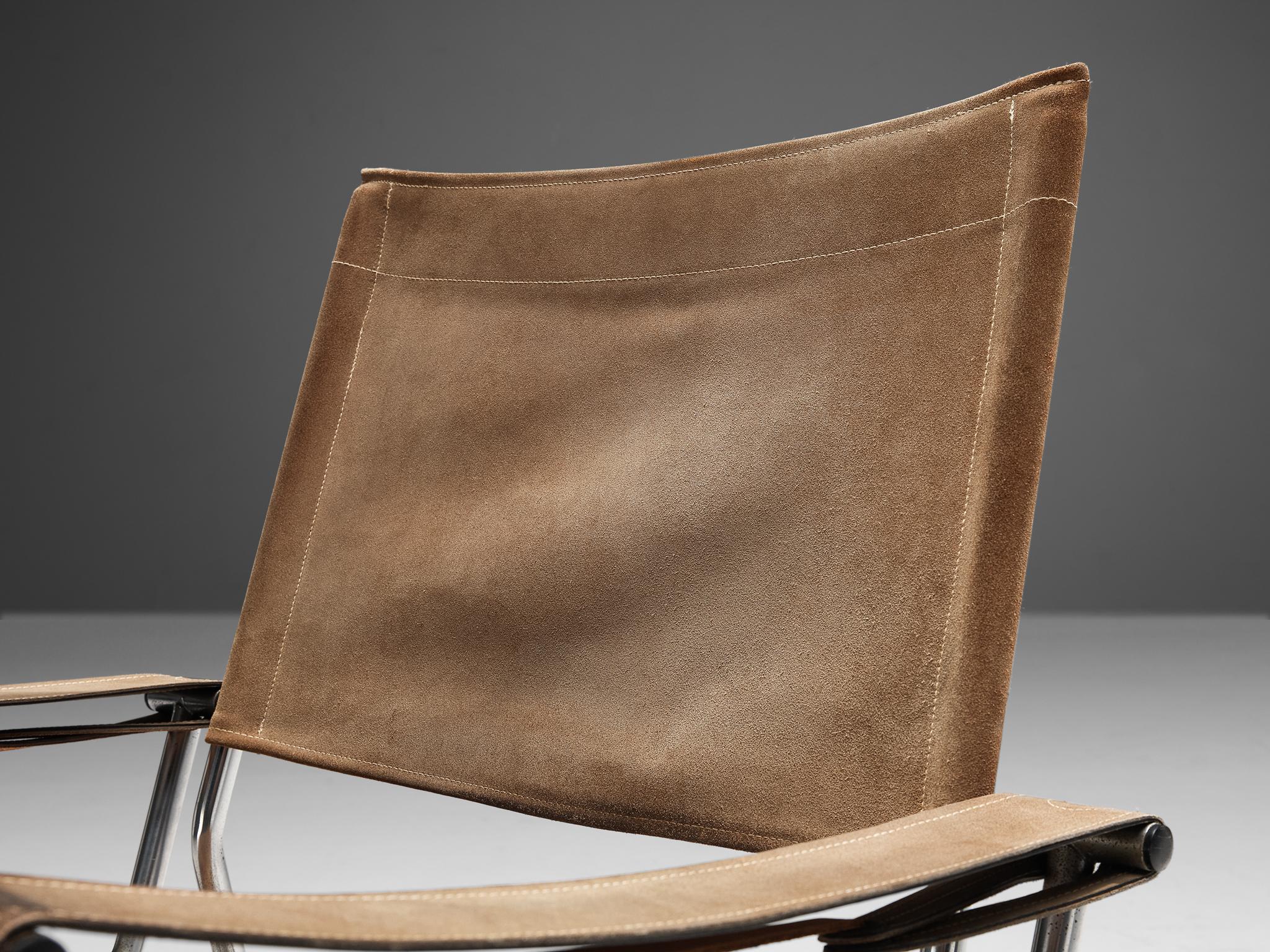 Dutch A. Dolleman for Metz & Co Armchair in Suede with Tubular Metal Frame For Sale