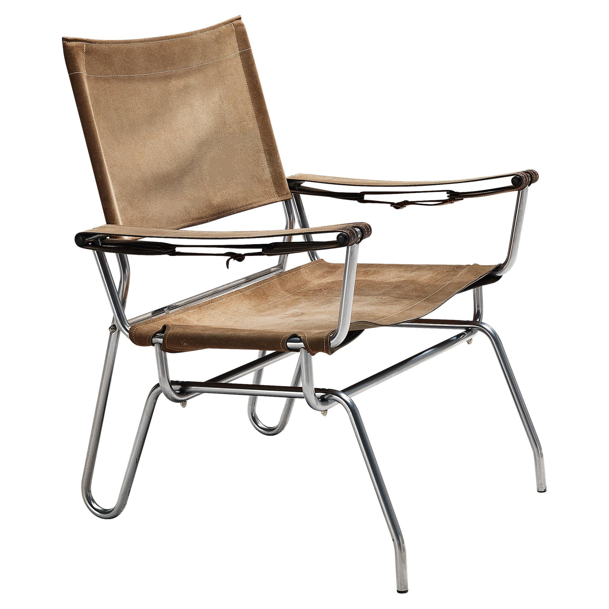 A. Dolleman for Metz & Co Armchair in Suede with Tubular Metal Frame For Sale