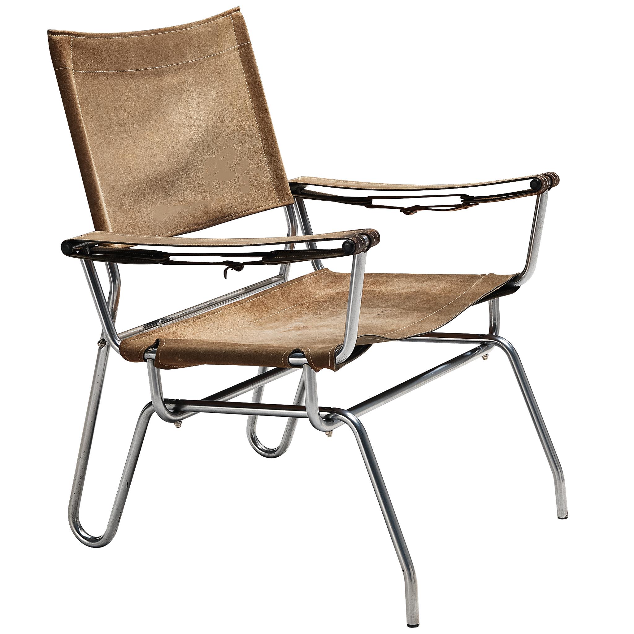 A. Dolleman for Metz & Co Armchair in Suede with Tubular Metal Frame
