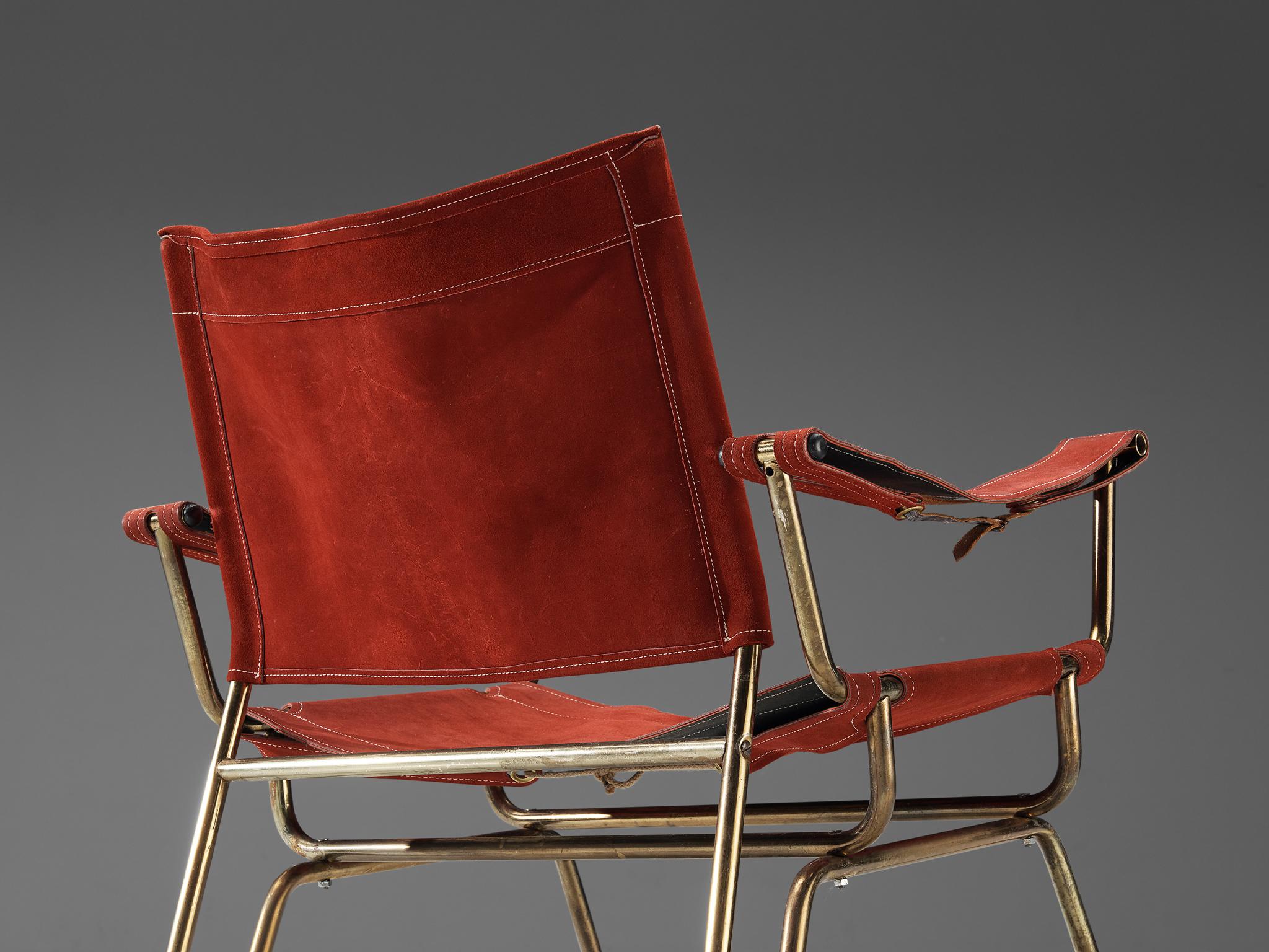 Mid-Century Modern A. Dolleman for Metz & Co Pair of Armchairs in Suede and Brass For Sale
