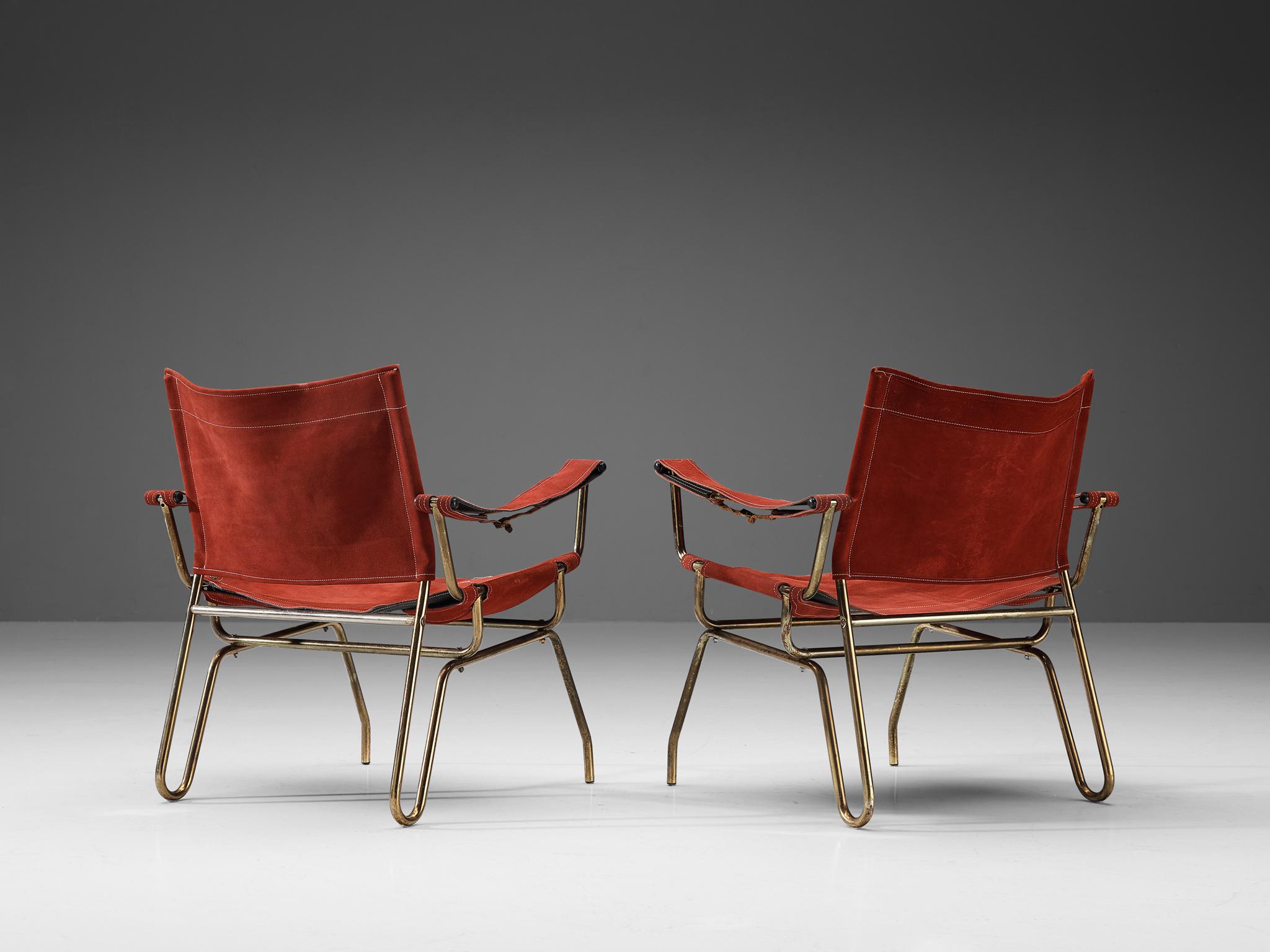A. Dolleman for Metz & Co Pair of Armchairs in Suede and Brass For Sale 1