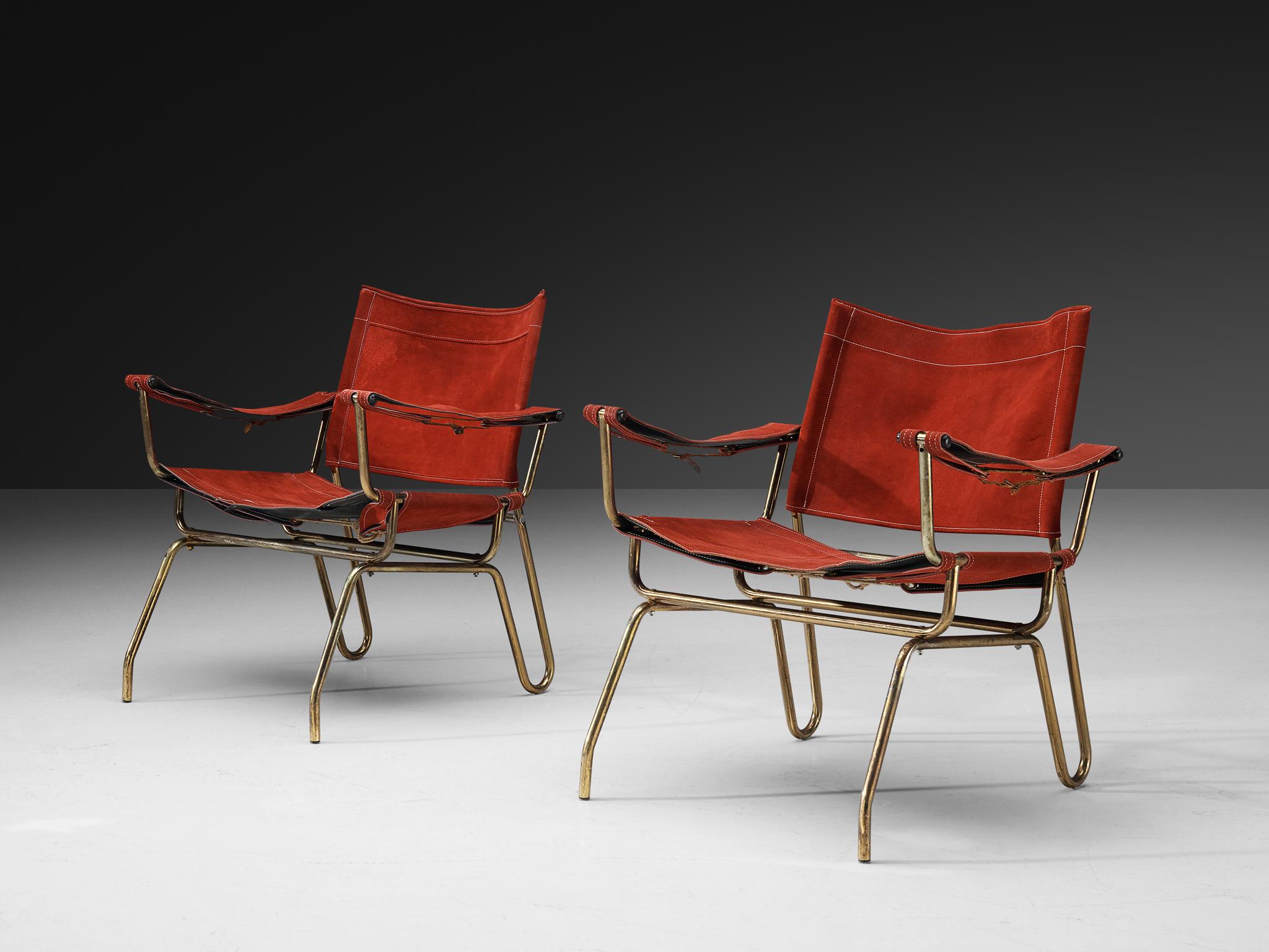 Ottone A. A. Dolleman per Metz & Co. Coppia di poltrone in camoscio e ottone in vendita