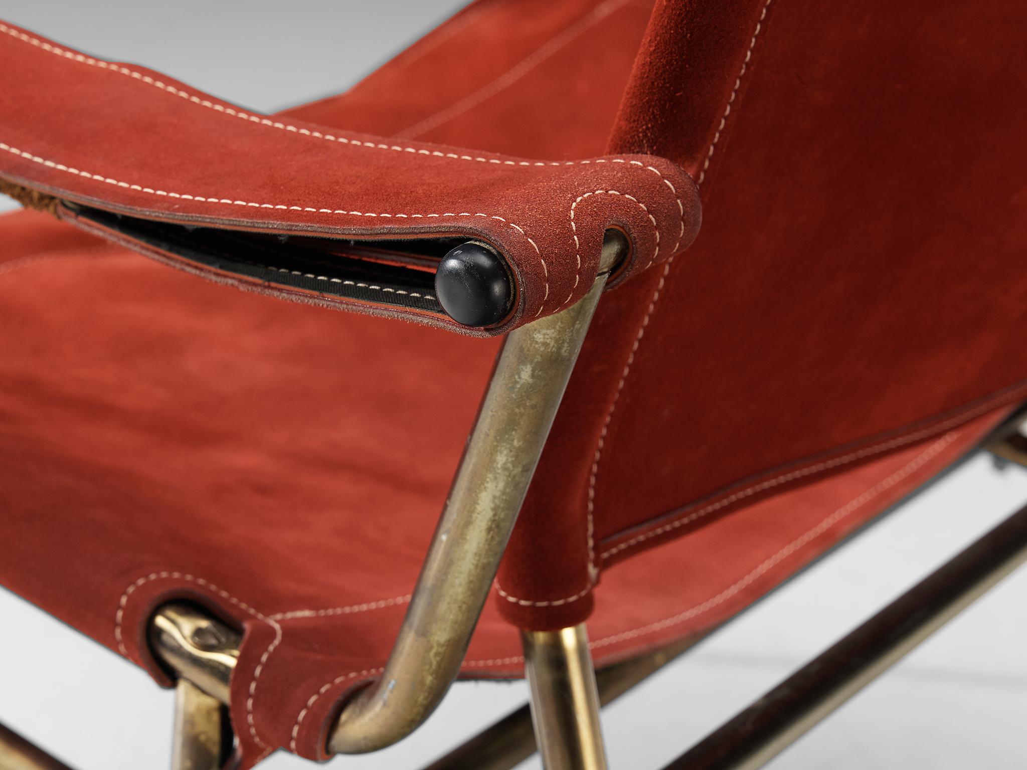 A. Dolleman pour Metz & Co Paire de fauteuils en daim et laiton en vente 2