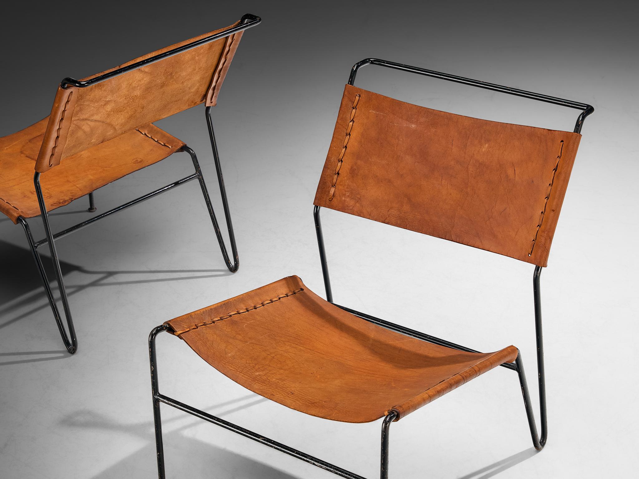 Mid-Century moderno A. A. Dolleman per Metz & Co. Coppia di poltrone moderniste in pelle marrone in vendita