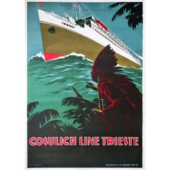 Poster originale del 1950 circa - La linea Cosulich e il suo viaggio in Nord America