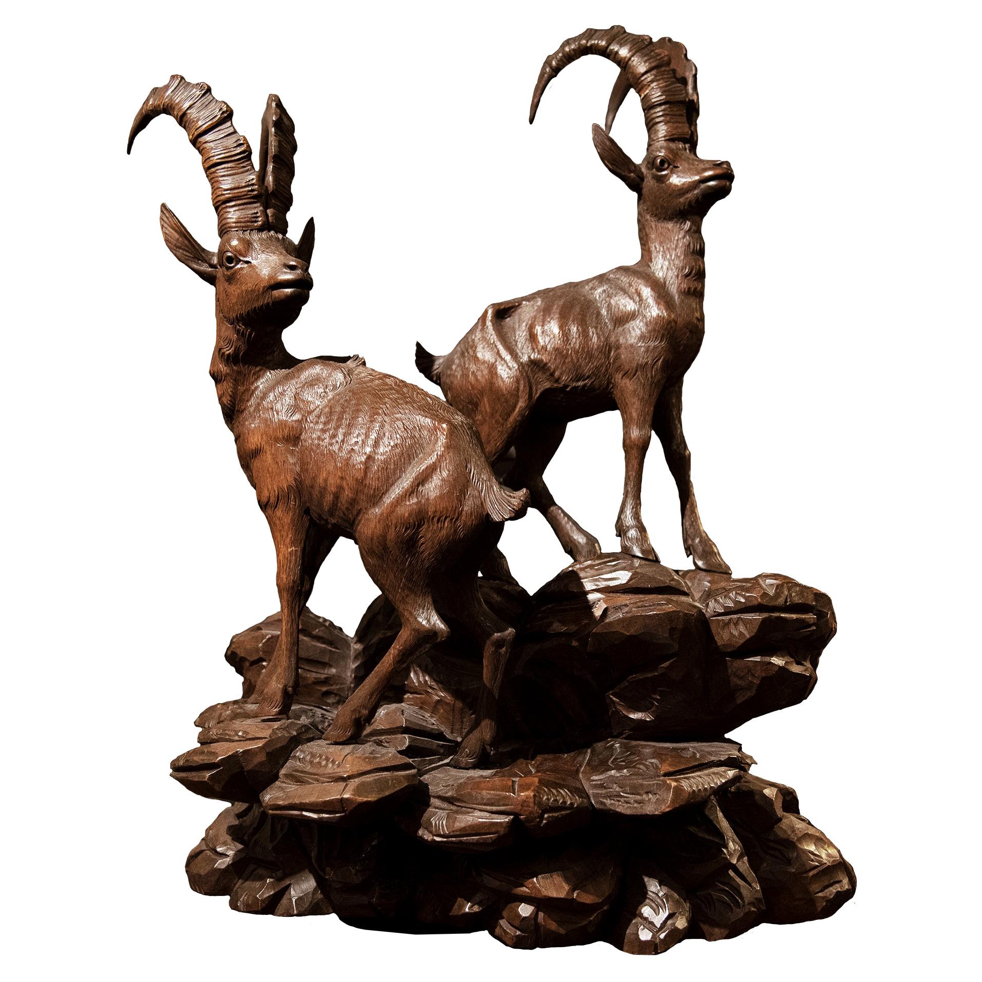 Double Ibex Black Forest Sculpture