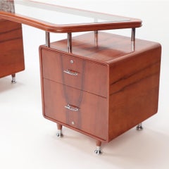 Double Pedestal Glass and Wood Desk with Chrome Mounts C 1960