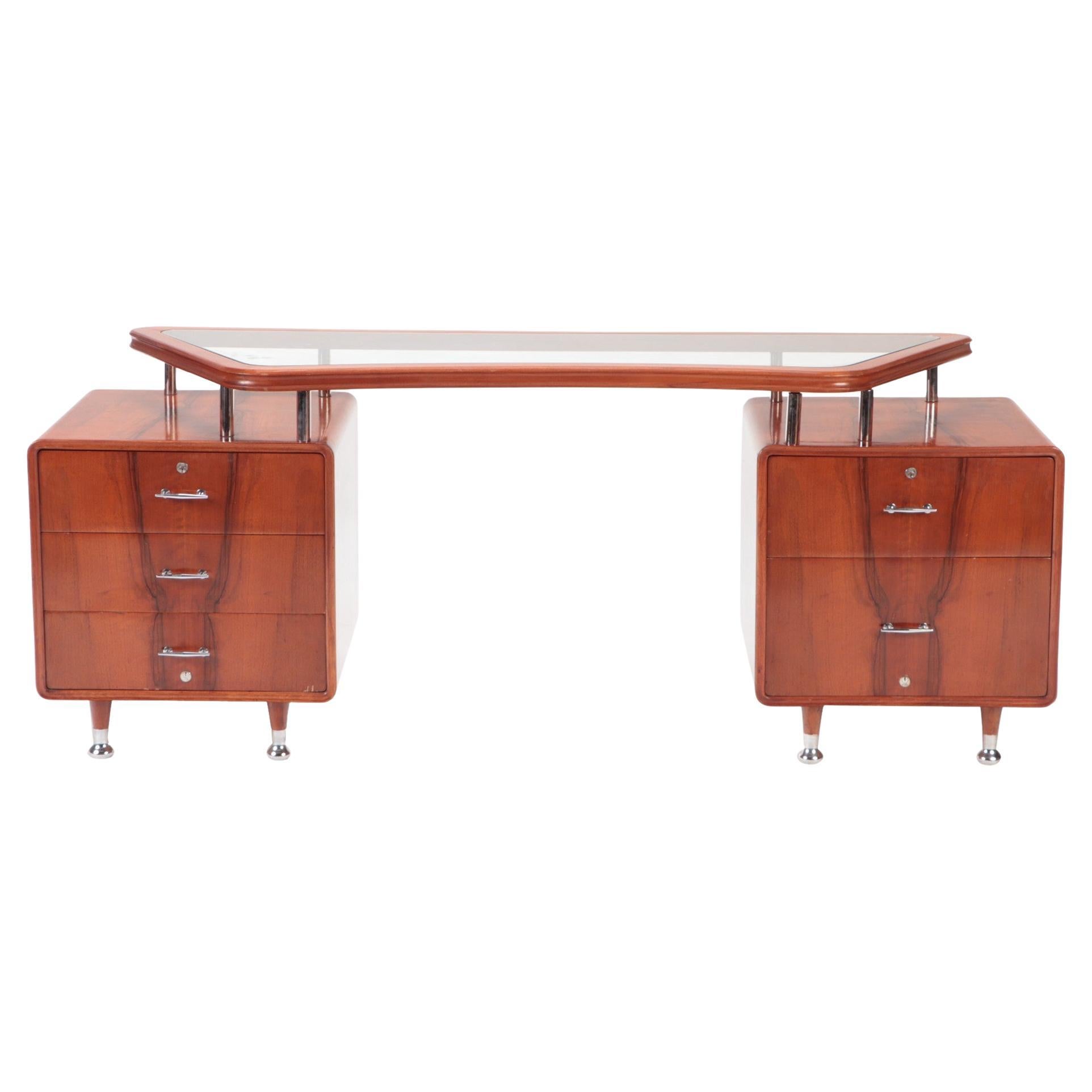 Double Pedestal Glass and Wood Desk with Chrome Mounts C 1960 For Sale