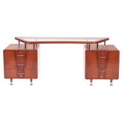 Double Pedestal Glass and Wood Desk with Chrome Mounts C 1960