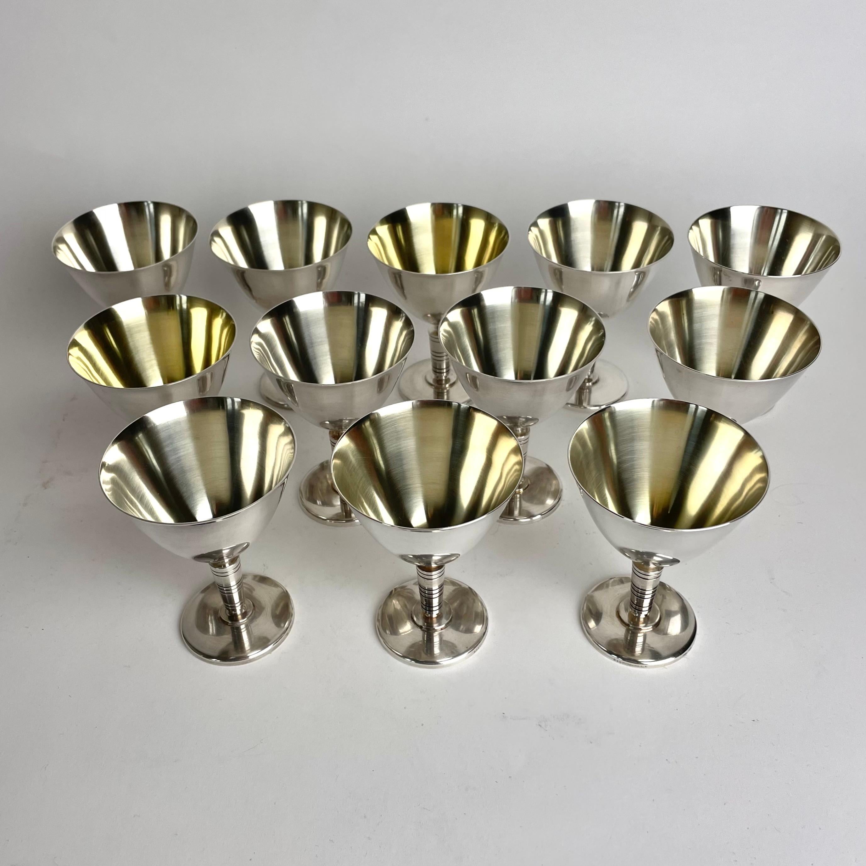Swedish A dozen 1930s Art Deco silver plated Cocktail Glasses from GAB, Sweden For Sale