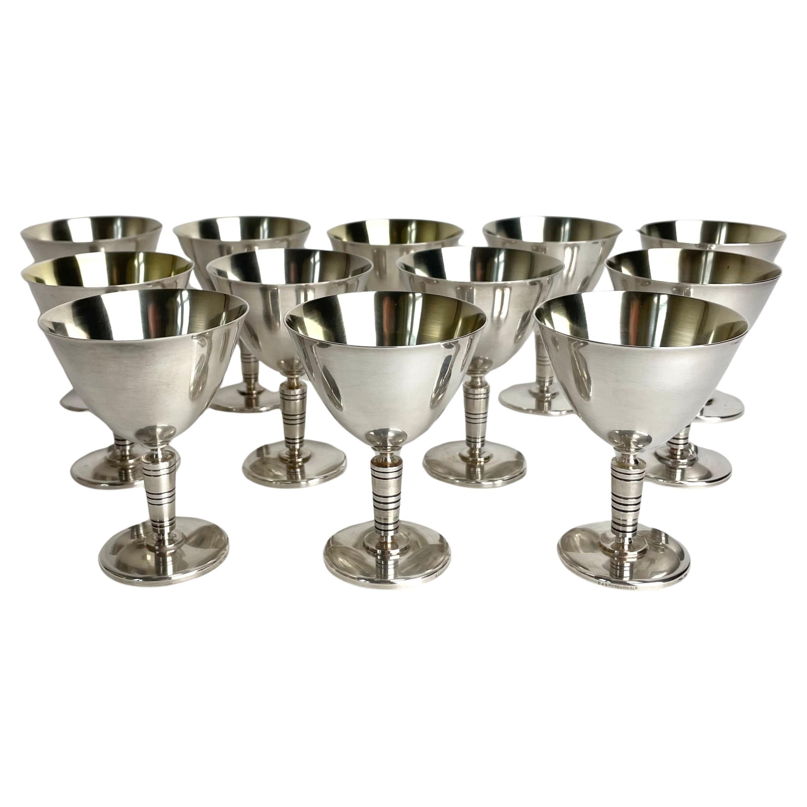 A dozen 1930s Art Deco silver plated Cocktail Glasses from GAB, Sweden For Sale