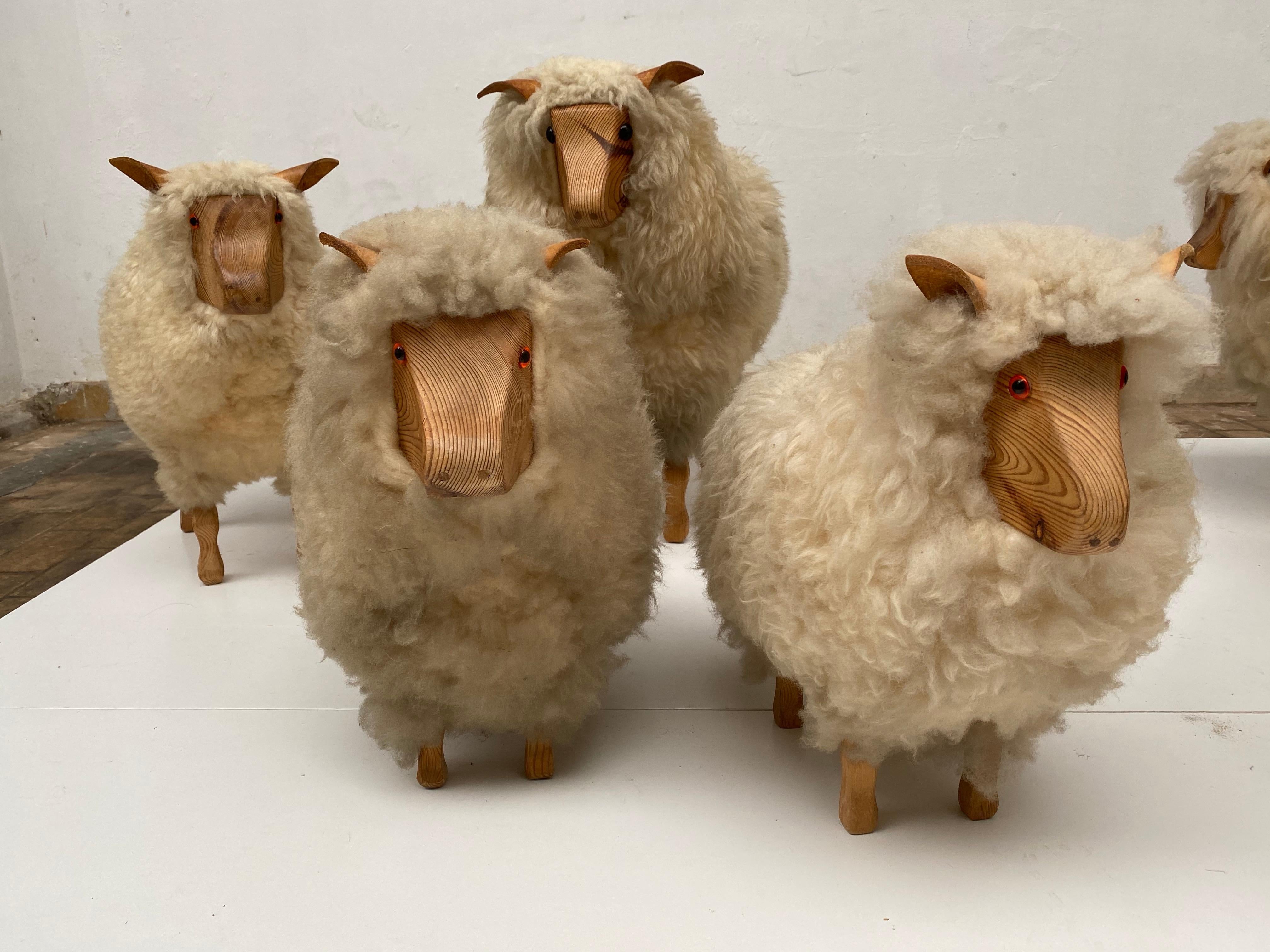 Leather Dozen of Sheep Midcentury Genuine Sheep Wool and Carved Pinewood, Germany, 1970s
