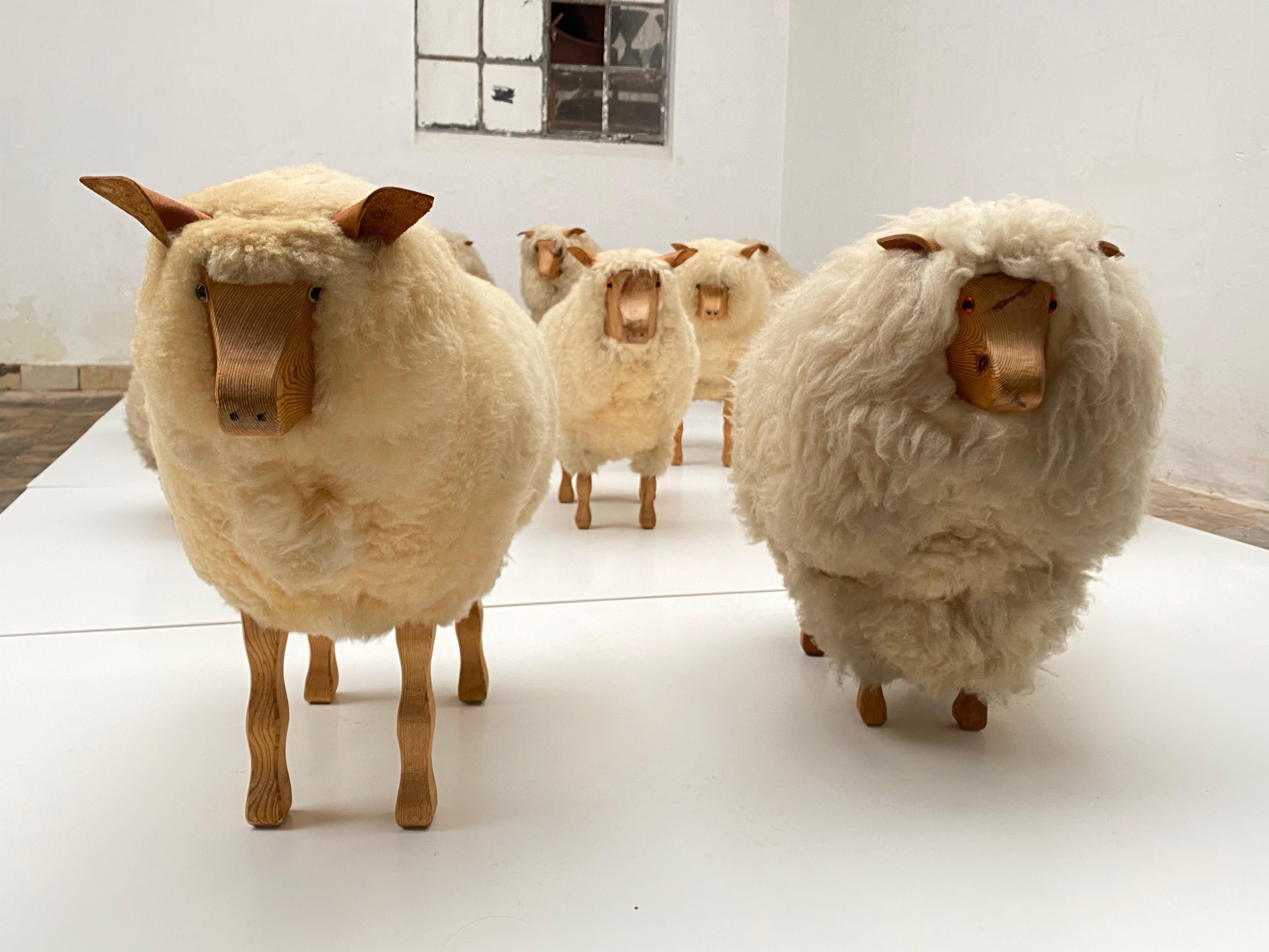Dozen of Sheep Midcentury Genuine Sheep Wool and Carved Pinewood, Germany, 1970s 2