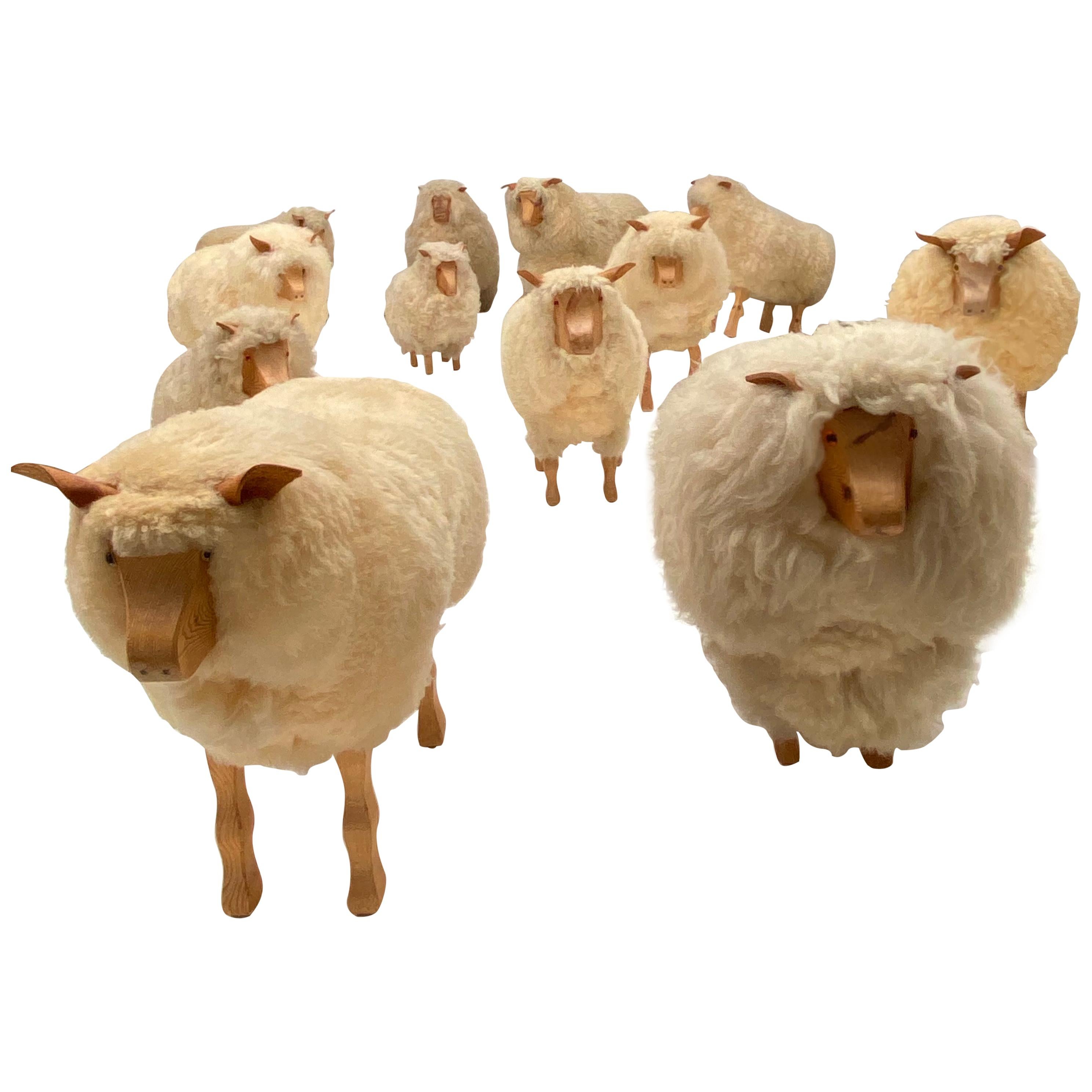 Dozen of Sheep Midcentury Genuine Sheep Wool and Carved Pinewood, Germany, 1970s