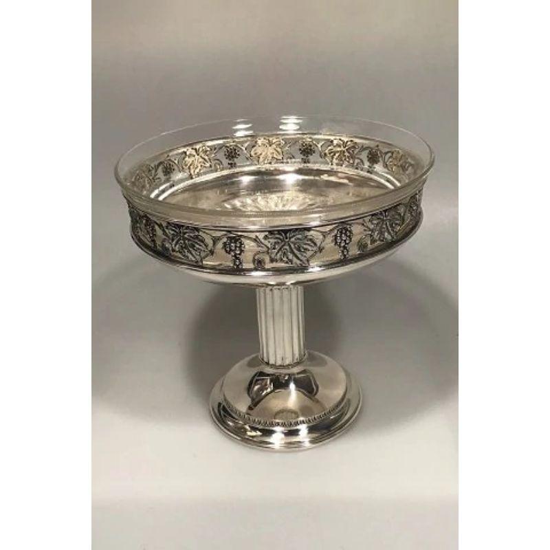 20th Century A. Dragsted Silver Pedistal Grape Motif Bowl with Glass Insert For Sale