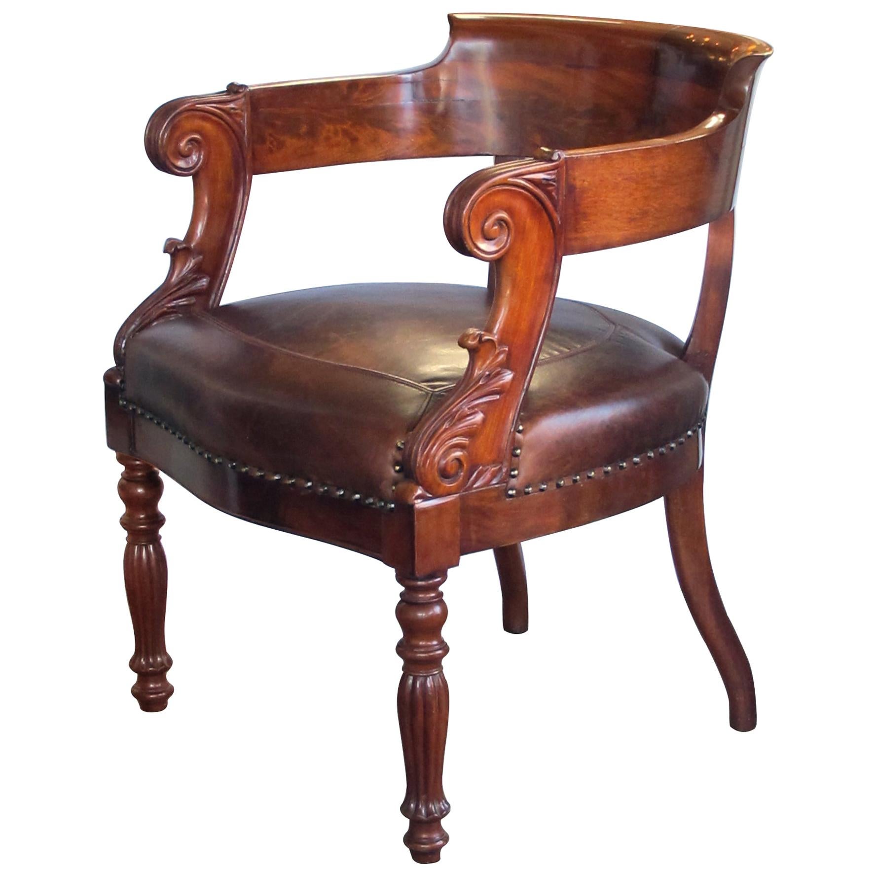 DramaticallyCarved French Restoration Mahogany BarrelBack Desk Chair