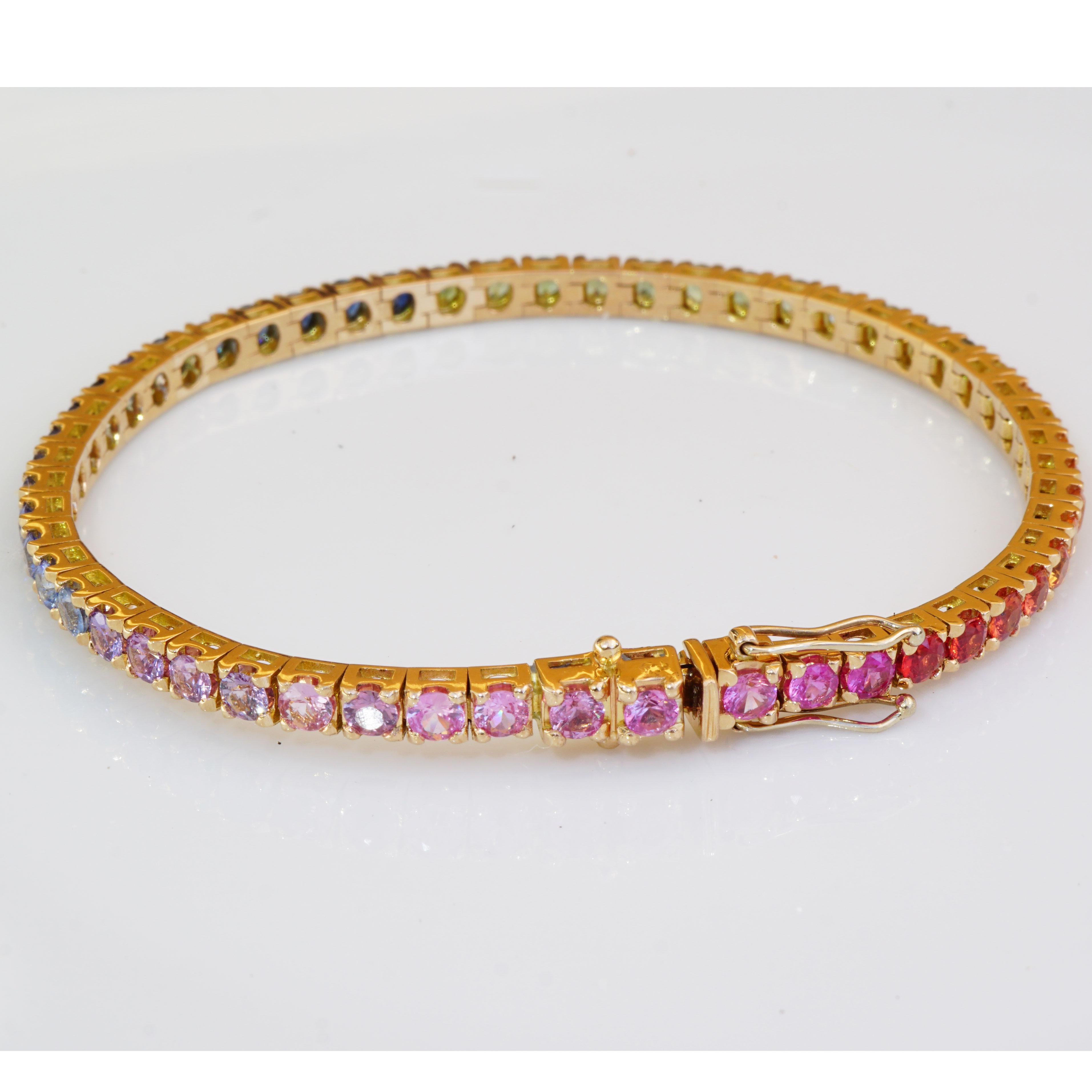 Round Cut Dream Journey in the World of Colors Rainbow Saphire Bracelet 18 Kt Rose Gold For Sale