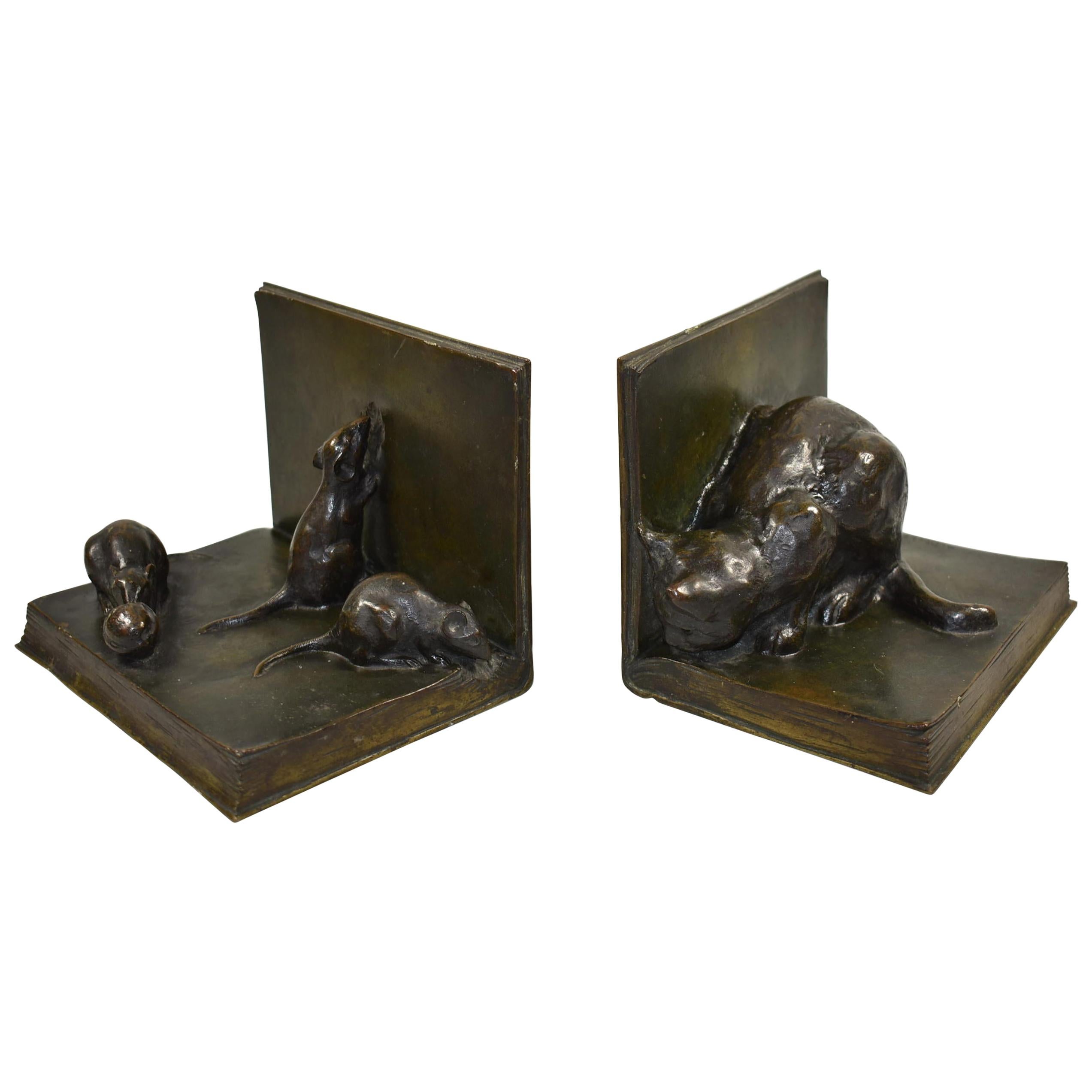 A. Duchene Patinated Bronze Cat and Mice Bookends