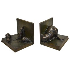 A. Duchene Patinated Bronze Cat and Mice Bookends