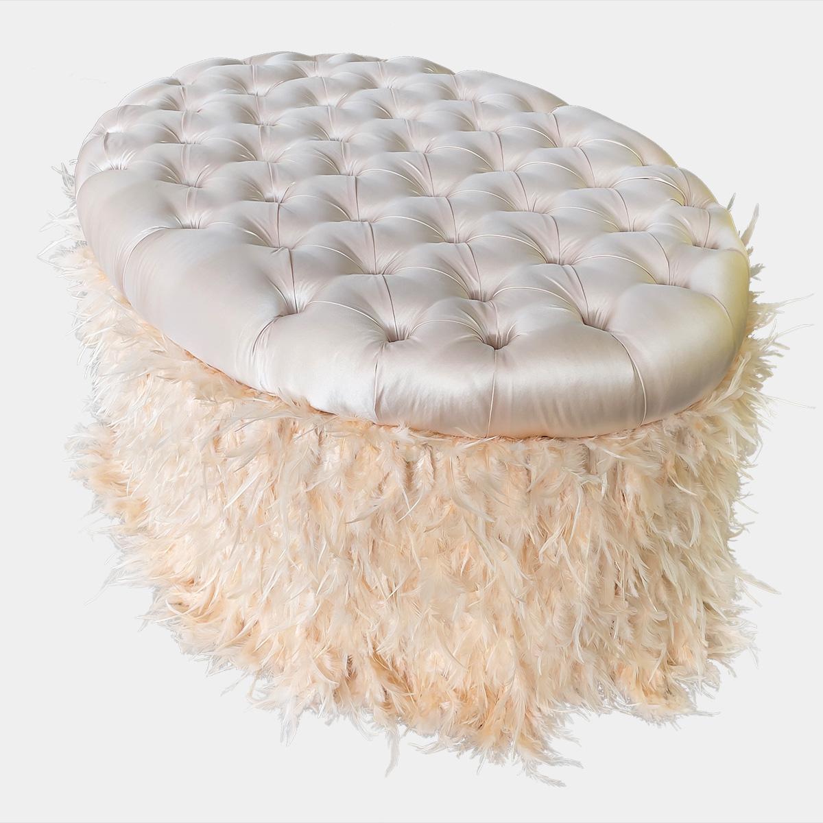 Satin Duchess Silk and Ostrich Feather Pouffe For Sale