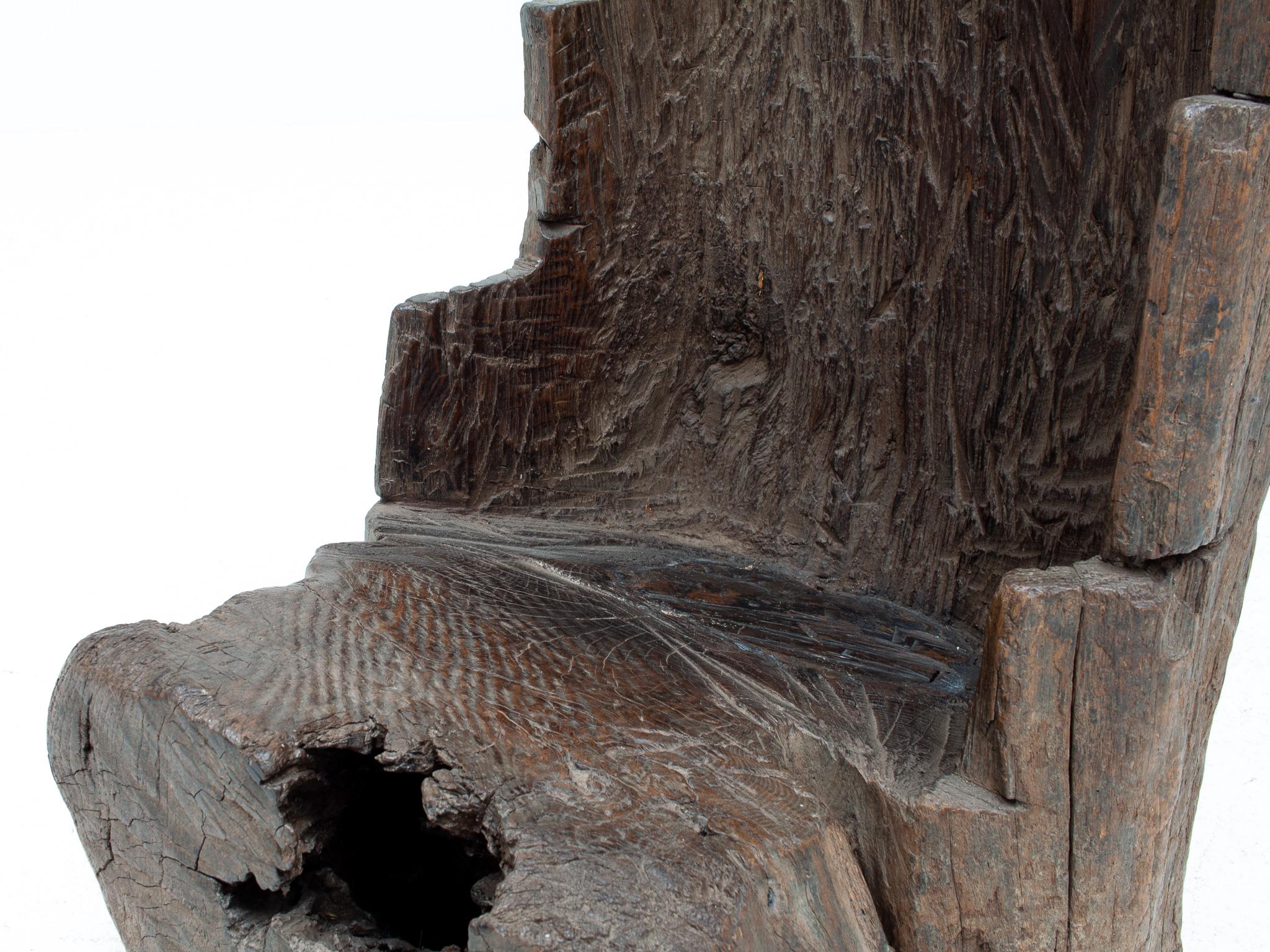 A Dug-out Carved Rustic Primitive Tree Trunk Fireside Chair Formed of Elm, c1800 For Sale 12