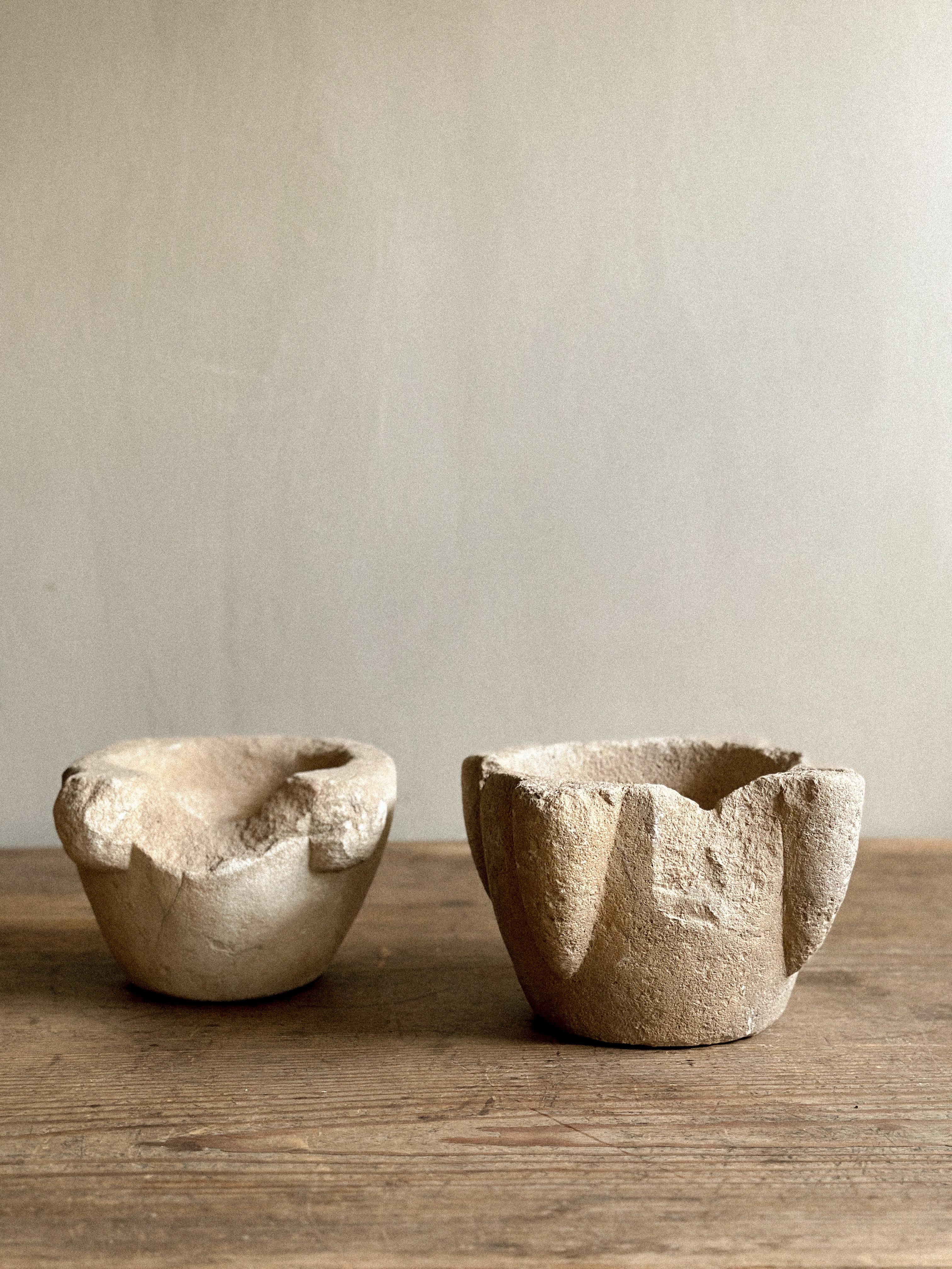A Duo of Primitive Wabi Sabi Hand-Carved Stone Mortars, Spain, Early 1900s For Sale 6