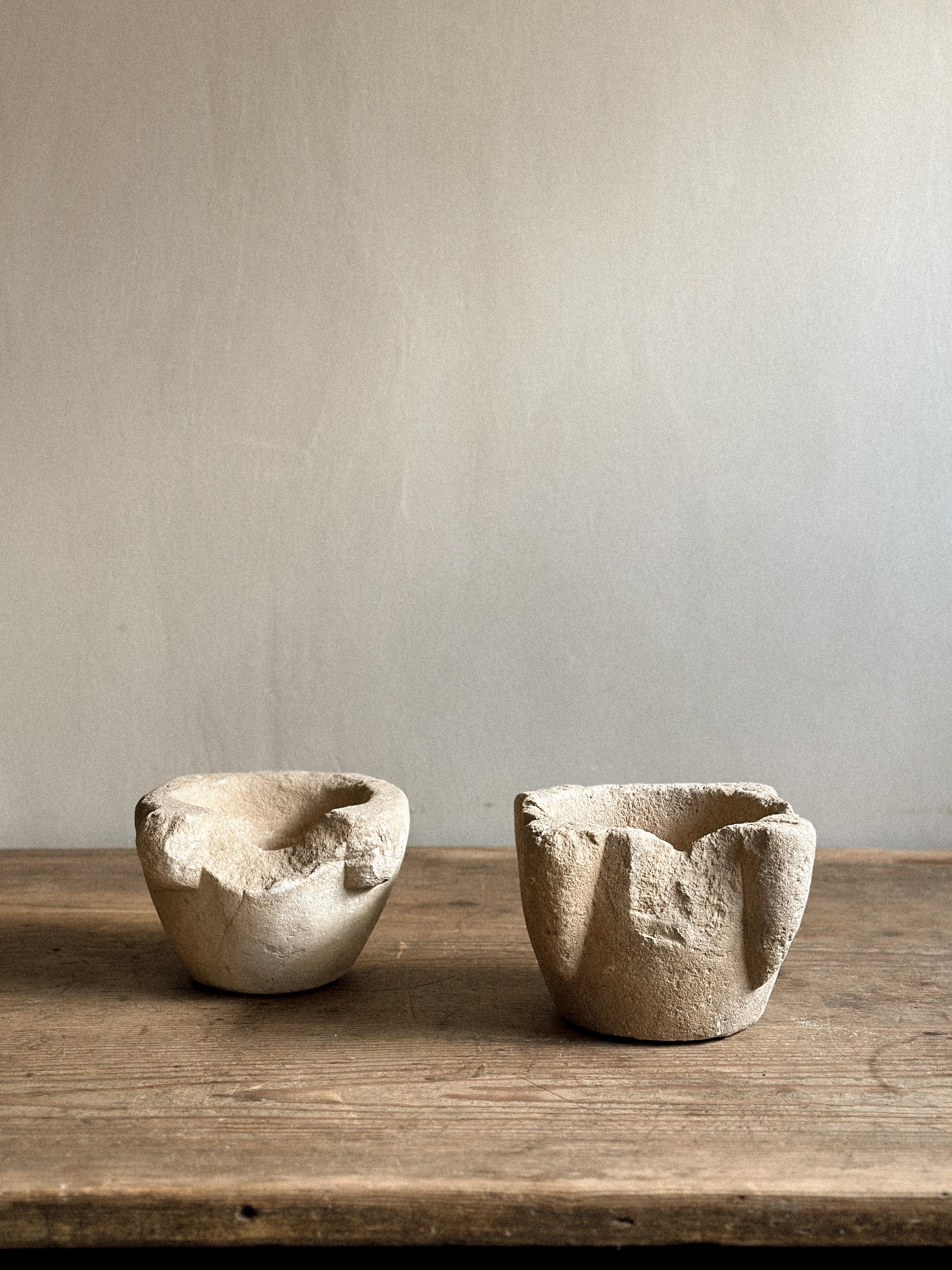 Spanish A Duo of Primitive Wabi Sabi Hand-Carved Stone Mortars, Spain, Early 1900s For Sale