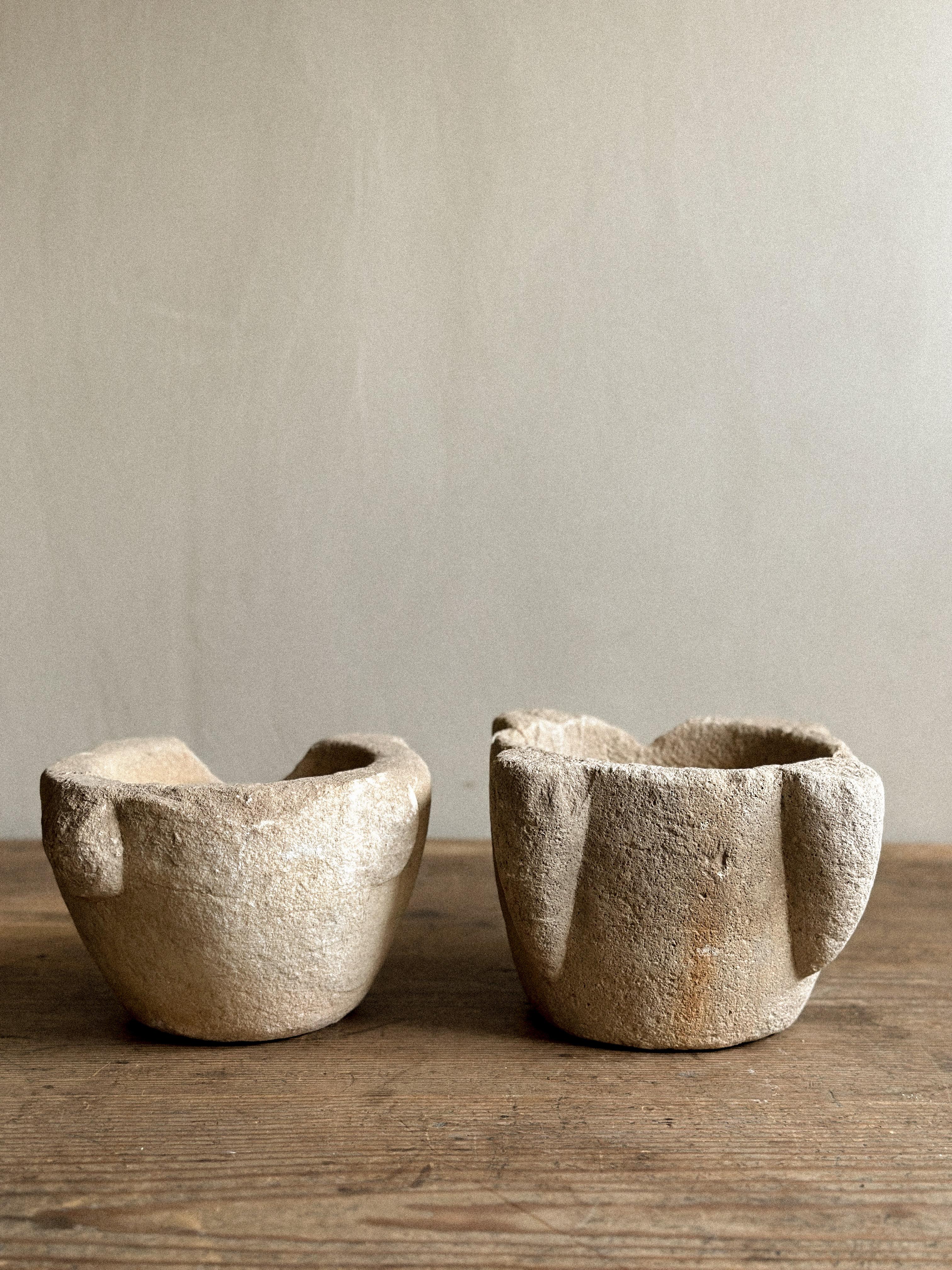 A Duo of Primitive Wabi Sabi Hand-Carved Stone Mortars, Spain, Early 1900s For Sale 2