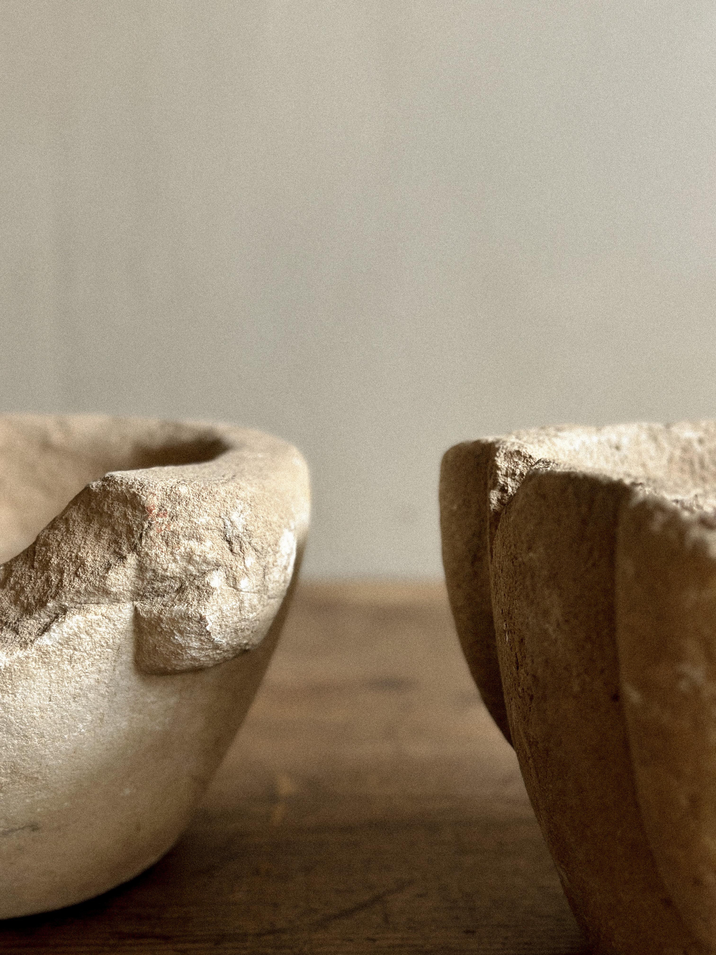 A Duo of Primitive Wabi Sabi Hand-Carved Stone Mortars, Spain, Early 1900s For Sale 4