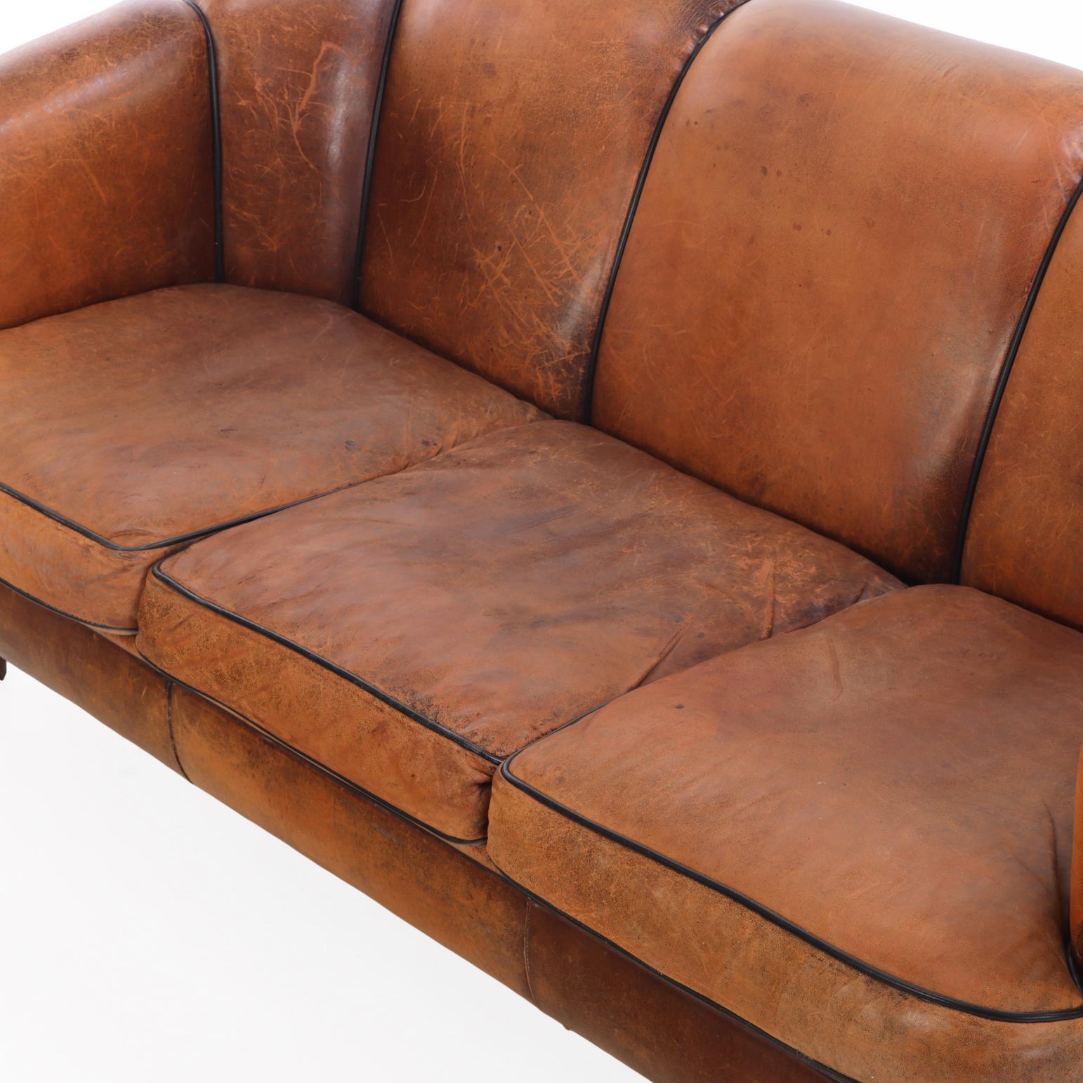 A Dutch Art Deco style Leather Sofa, C. 1960. In Good Condition For Sale In Philadelphia, PA