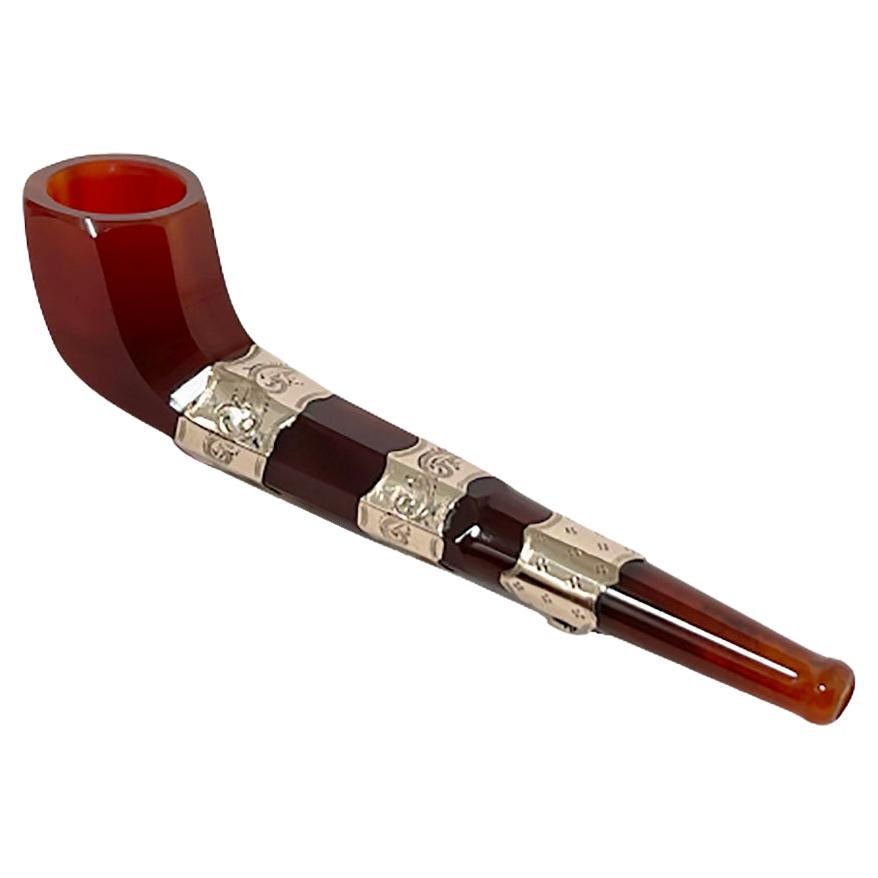 Dutch Carnelian Smoking Pipe with Gold Decorated Bands For Sale