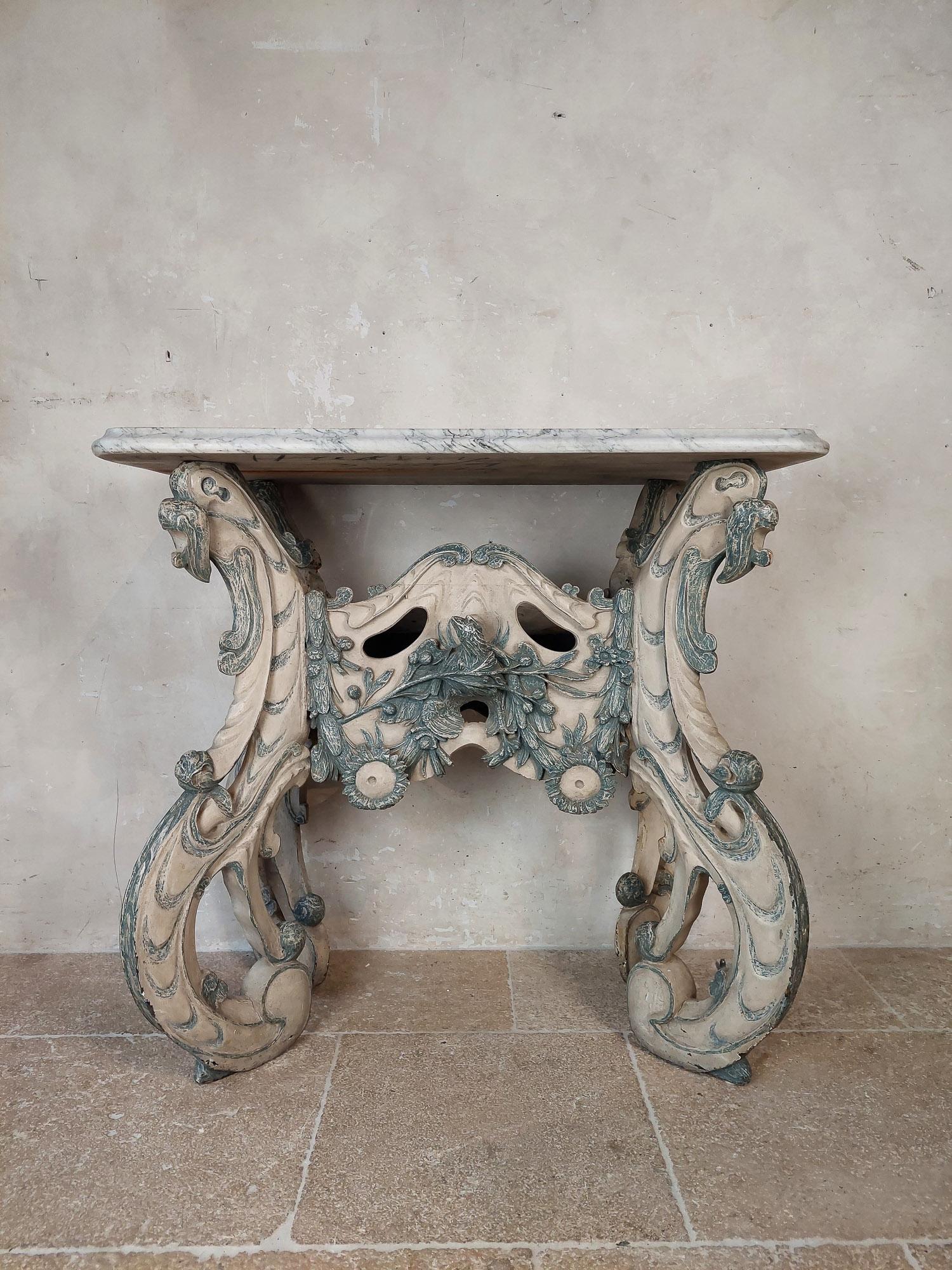 Dutch Carved Blue and White Painted Limewood ‘Kwab’ Console or Side Table For Sale 12