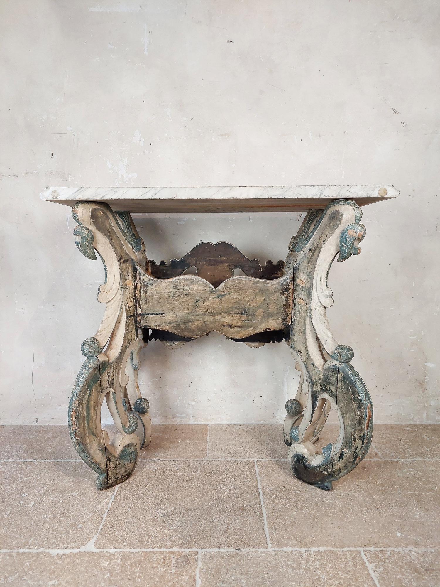 Dutch Carved Blue and White Painted Limewood ‘Kwab’ Console or Side Table For Sale 14