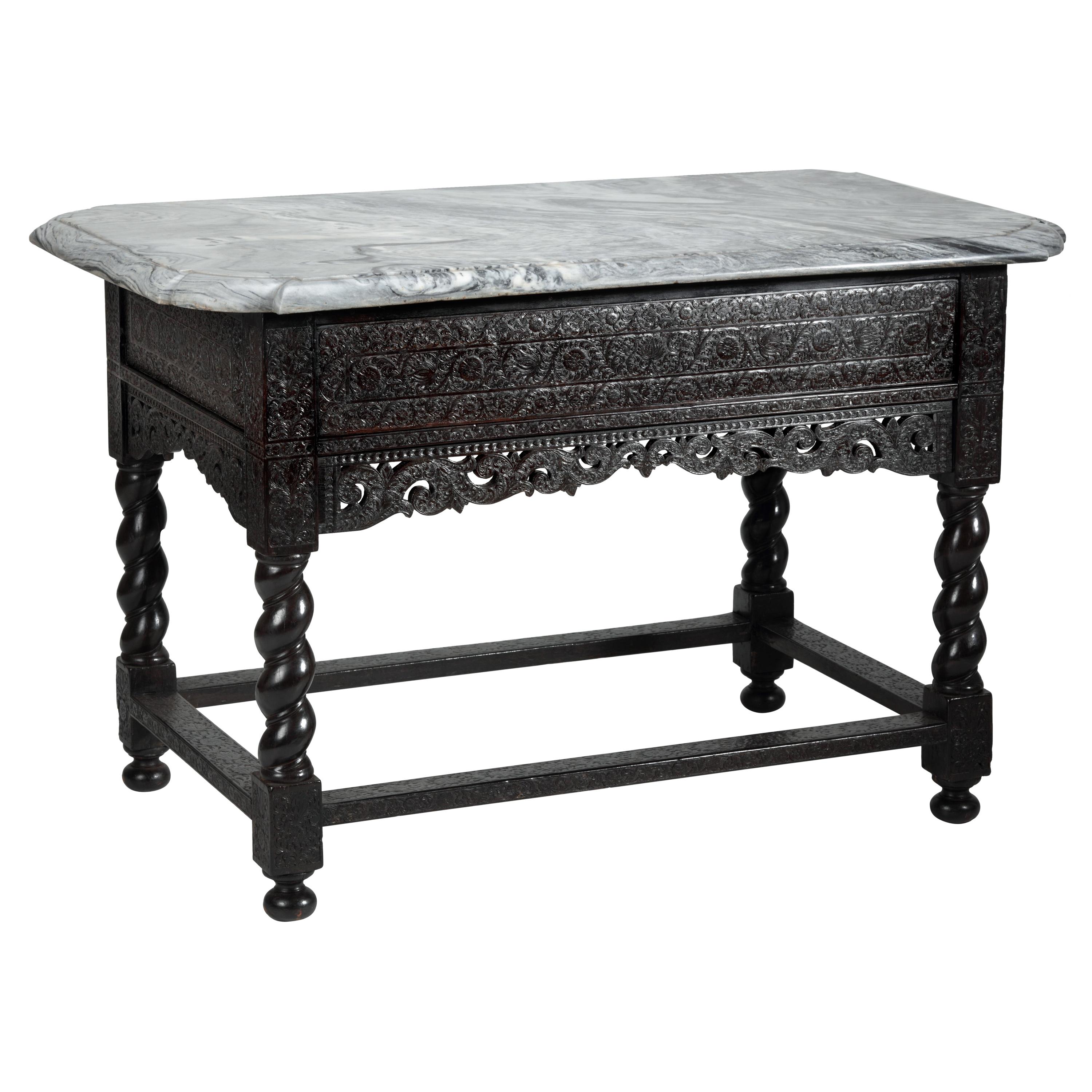 Dutch Colonial 17th Century Ebony Center Table with Marble Top For Sale