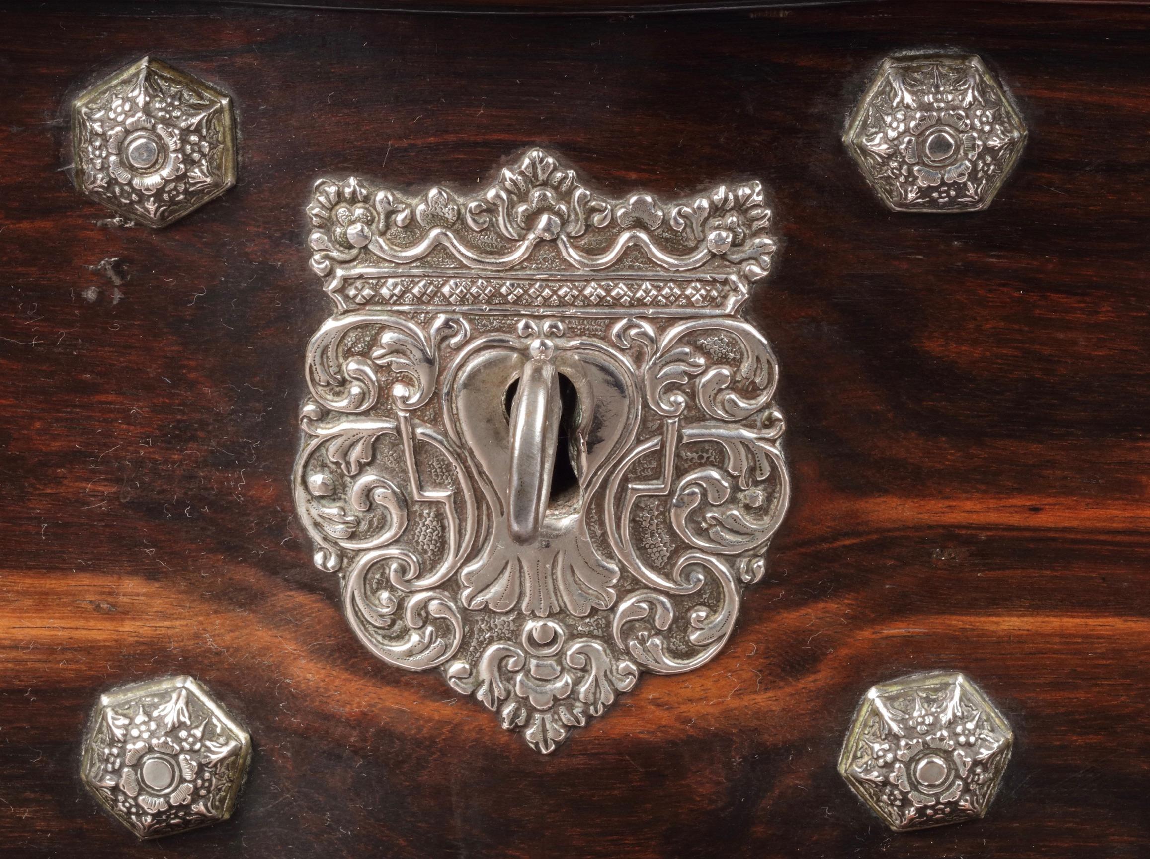 18th Century and Earlier Dutch-Colonial Sri Lankan Coromandel Wood Document Box with Silver Mounts For Sale
