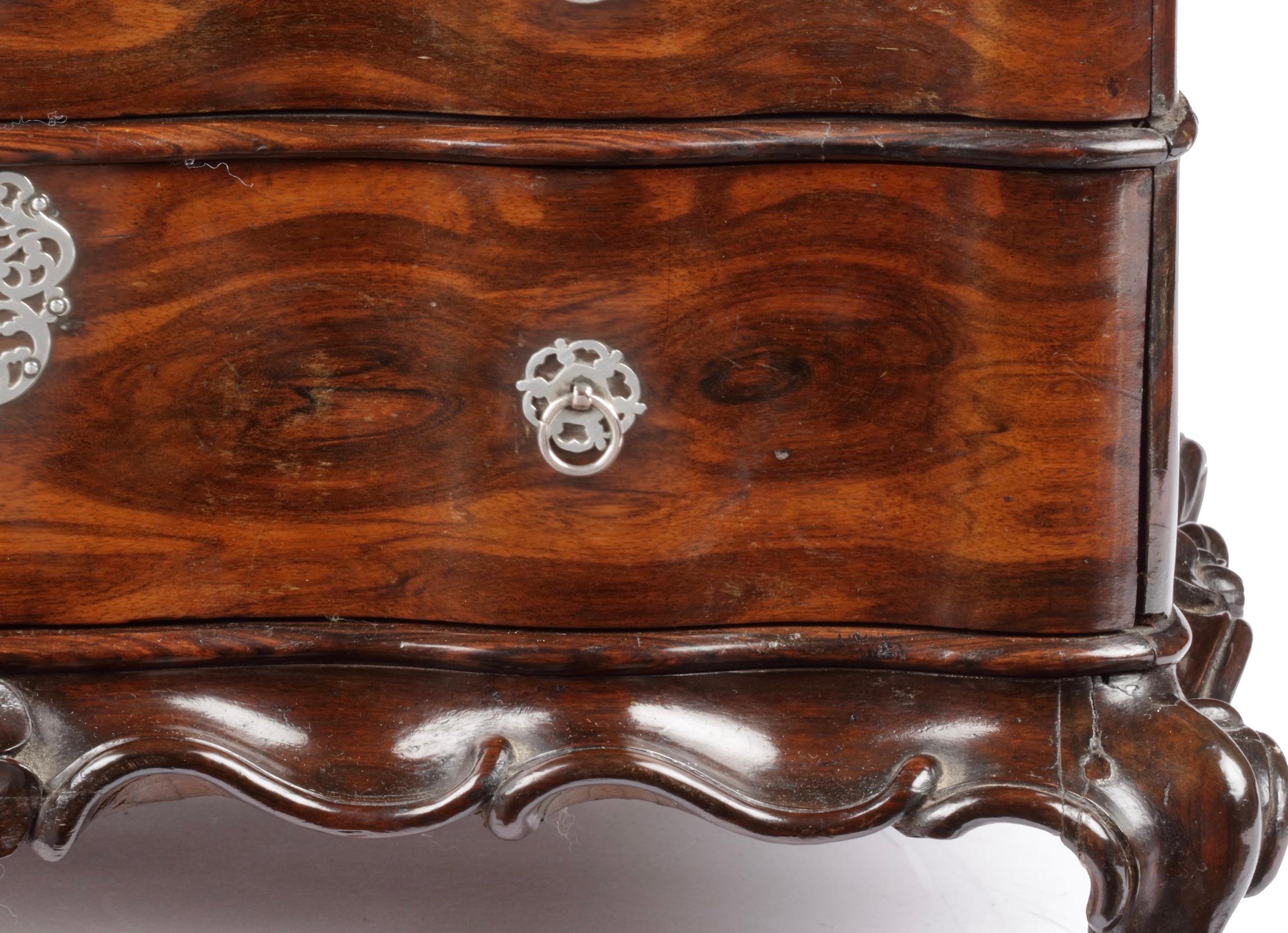Silver A Dutch-colonial Sri Lankan coromandel wood miniature chest of drawers For Sale