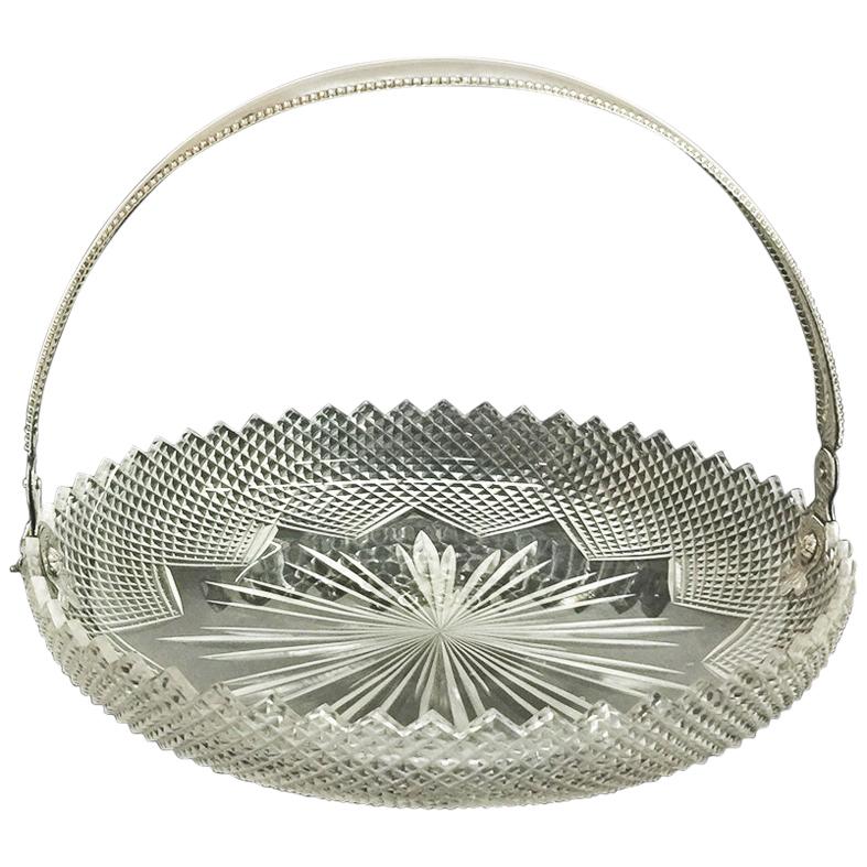Dutch Fruit Bowl, diamond cut Crystal with Silver handle, 1917