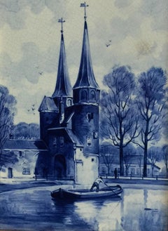 Niederländische Delfter Porzellanfliese "Oostpoort Delft" Nach L. Senf:: 1896