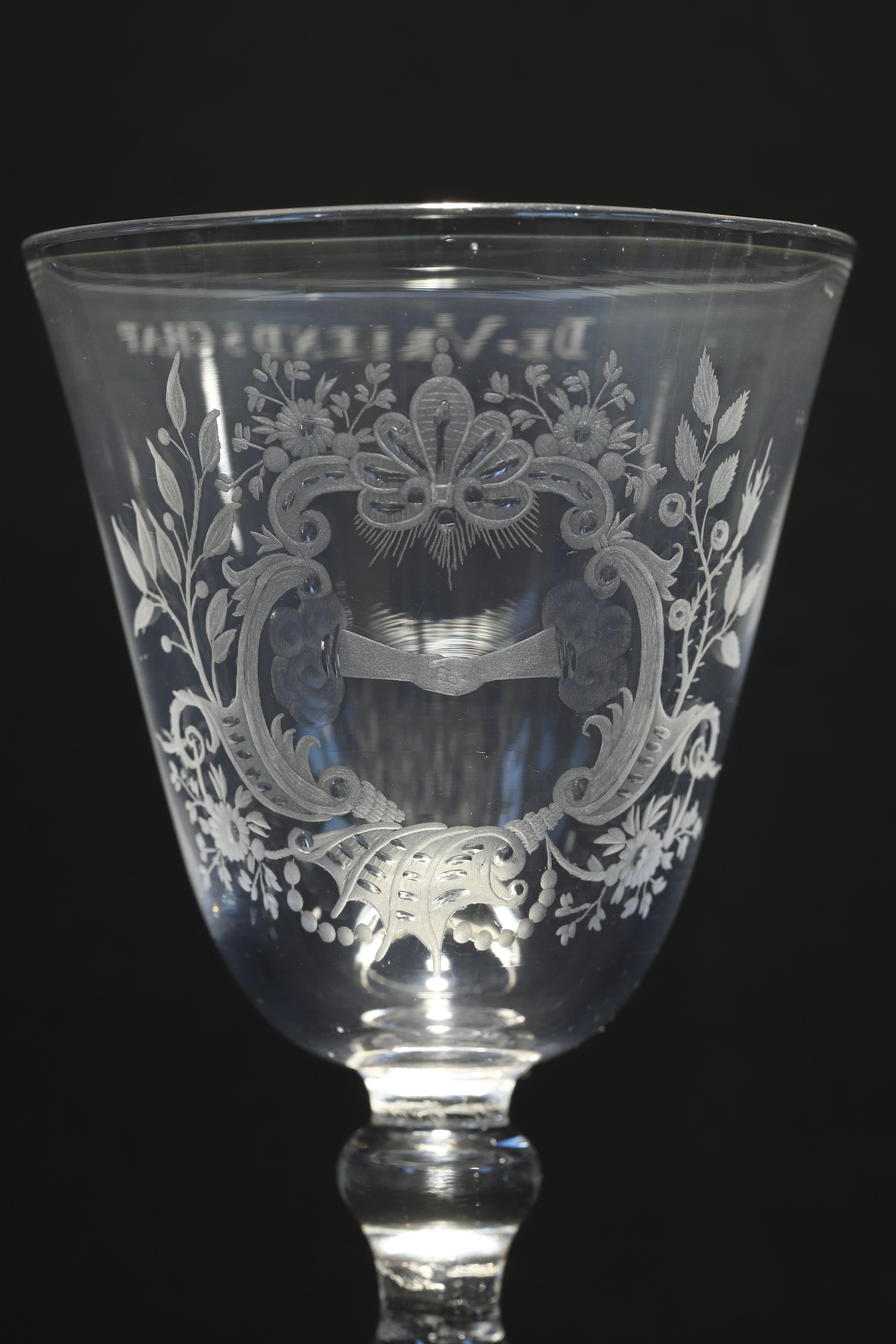 A Dutch Engraved Baluster Friendship Wine Glass, Mid 18th Century In Good Condition For Sale In AMSTERDAM, NH