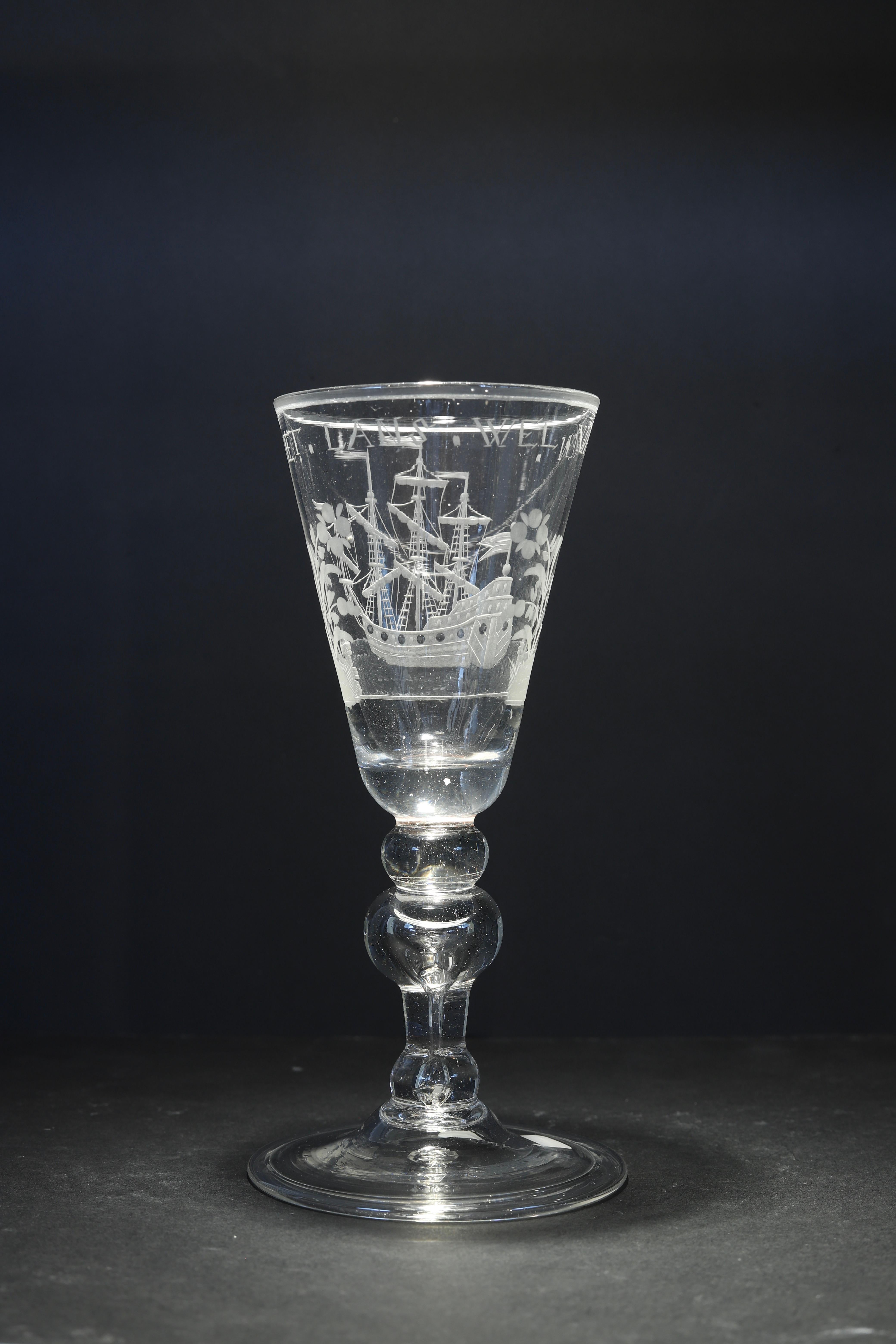 A Dutch Engraved Baluster, Prosperity of the Country, Wine Glass, 18th Century In Excellent Condition For Sale In AMSTERDAM, NH