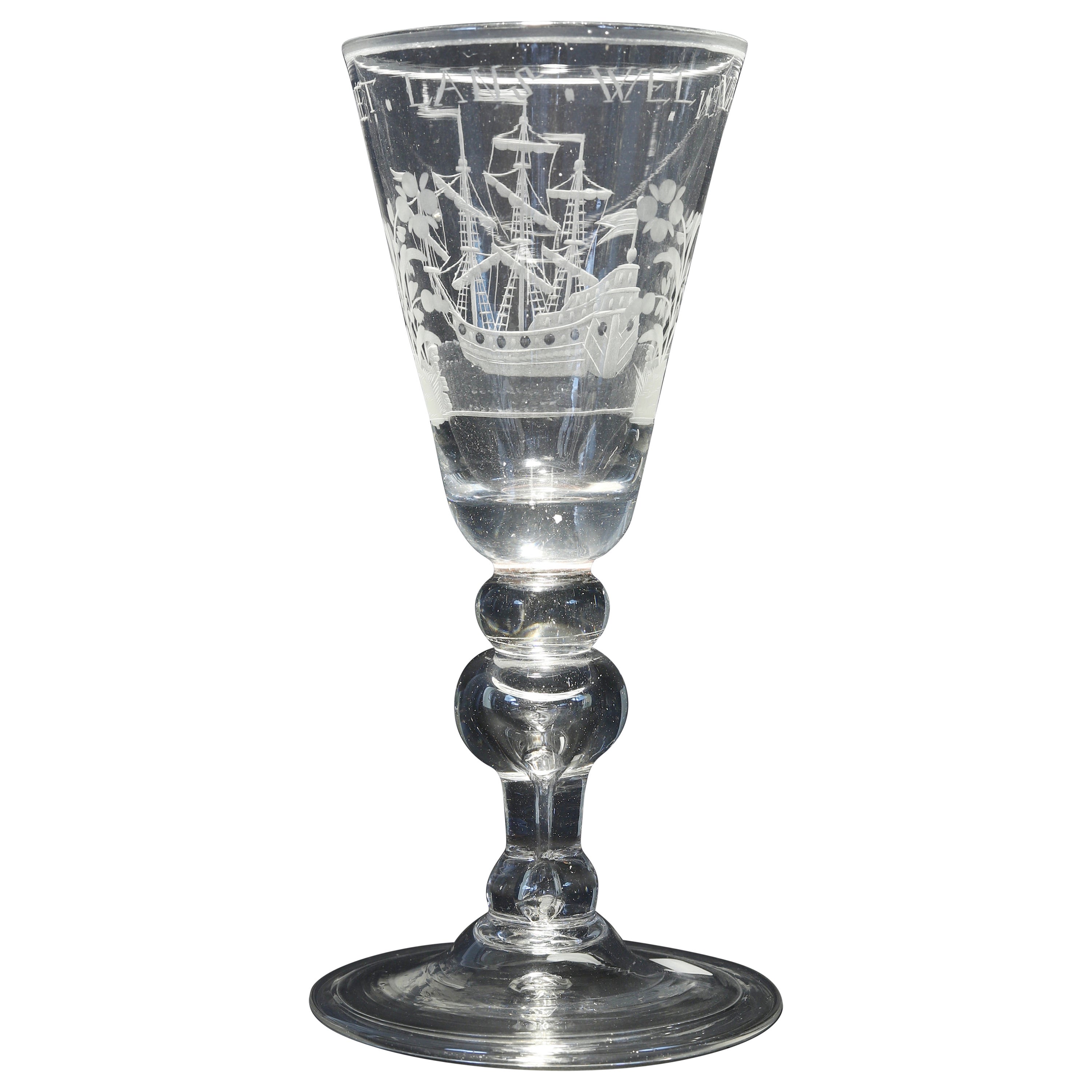 Ein niederländischer gravierter Baluster, Prosperity of the Country, Weinglas, 18. Jahrhundert im Angebot